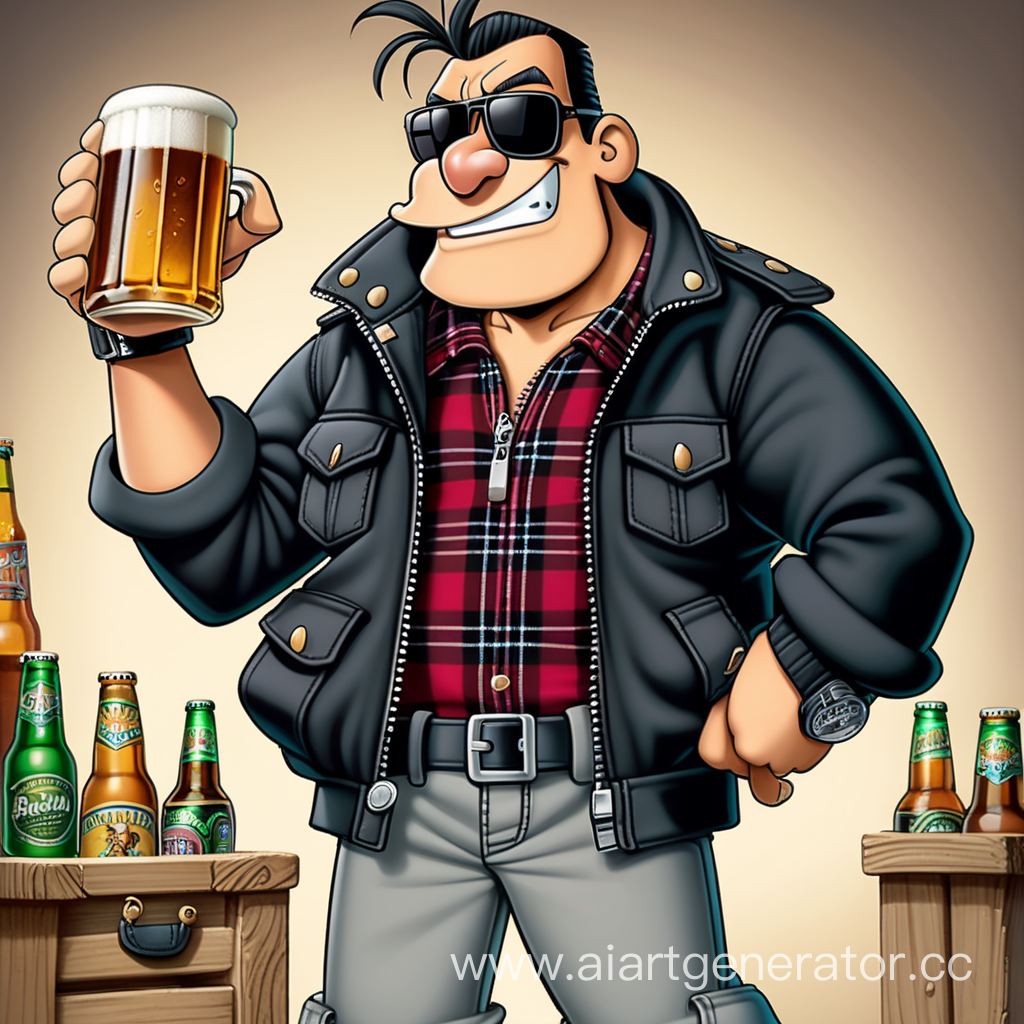 Arnold from "Hey Arnold" cartoon series, beefy, wearing grey cargo pants, big black boots, aviator sunglasses, black bomber jacket and tartan shirt with long sleeves rolled up, holding a beer 
