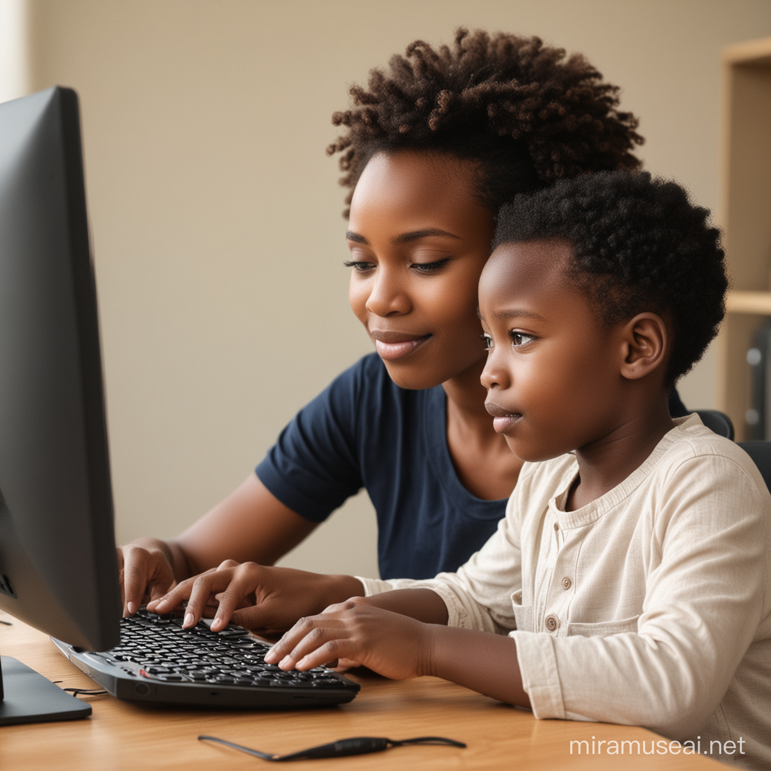 un enfant africain sur un ordinateur bureautique, assisté par sa maman