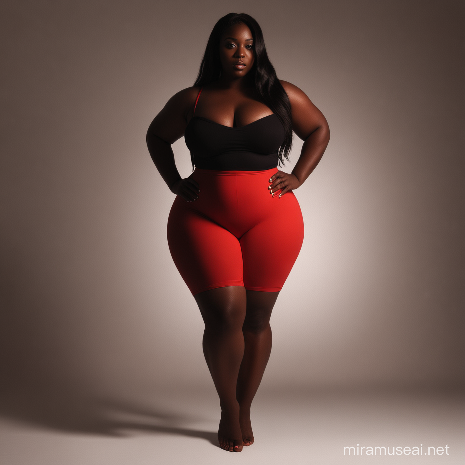 Image prompt/: generate red silhouette pictures in a dark room, full body, curvy and thick black girl (plus size), with long straight weave

