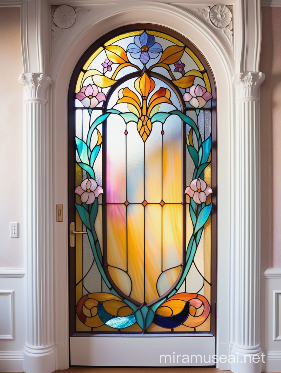 витраж цветочный орнамент, на двери, из желтого, оранжевого, розового, синего и белого стекла тиффани, в стиле ар нуво на фоне штор из белой органзы