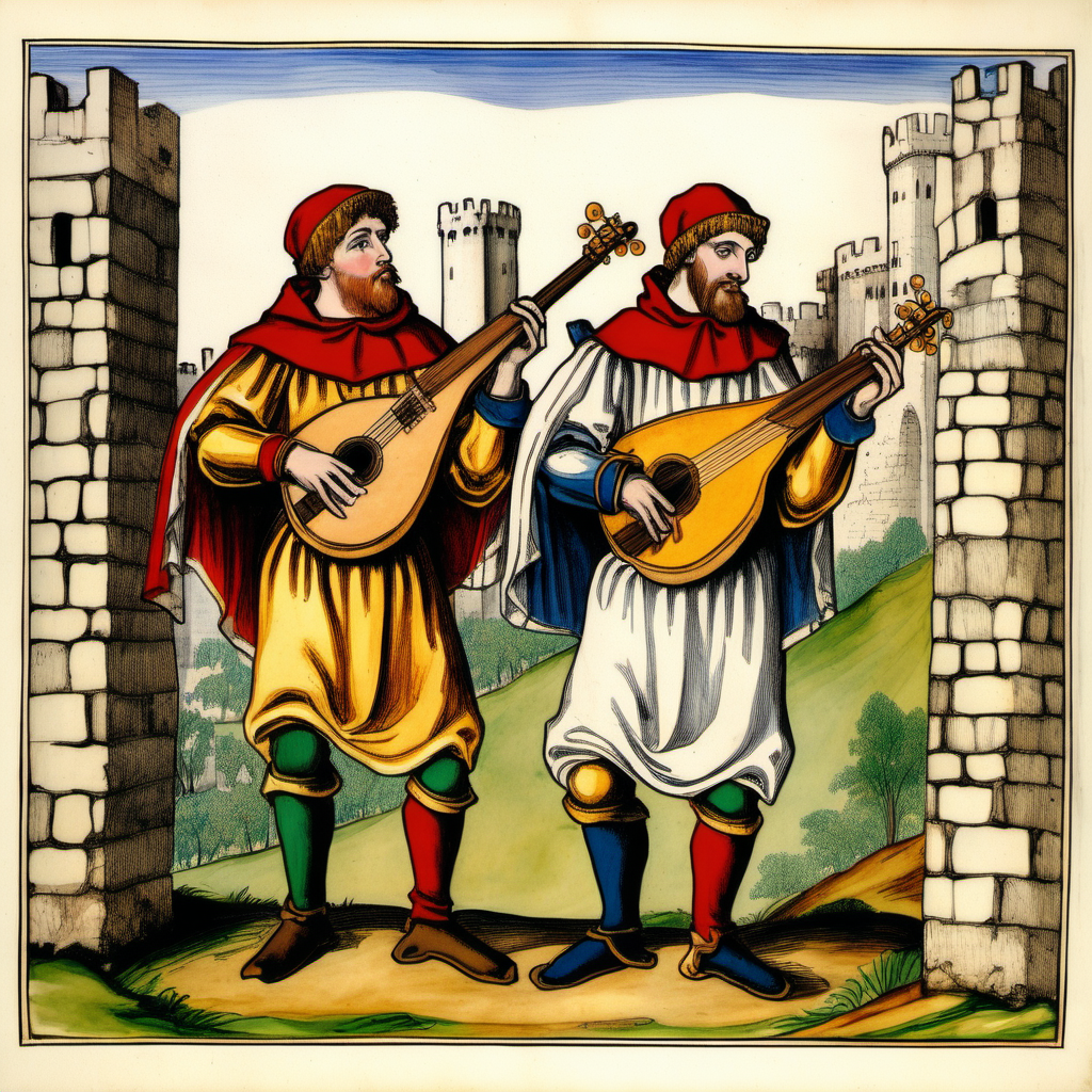 Medieval Minstrels Playing Flute and Mandolin in Castle Ruins