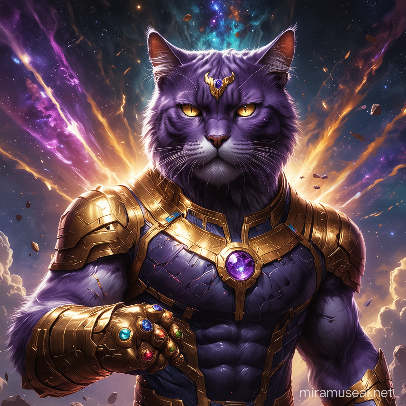 a formidable and majestic cat assumes the guise of Thanos from Marvel, adorned with the Infinity Gauntlet, each of its stones radiating a distinct hue. The cat's fur echoes a regal purple, akin to Thanos' armor, while its feline eyes gleam with cosmic power. With confident poise, the cat brandishes the multicolored Infinity Gauntlet, each gem pulsating with its unique energy. This portrayal captures the feline figure as a dominant force, poised to wield the unfathomable power of the universe, its expression conveying both determination and a hint of sinister resolve.









