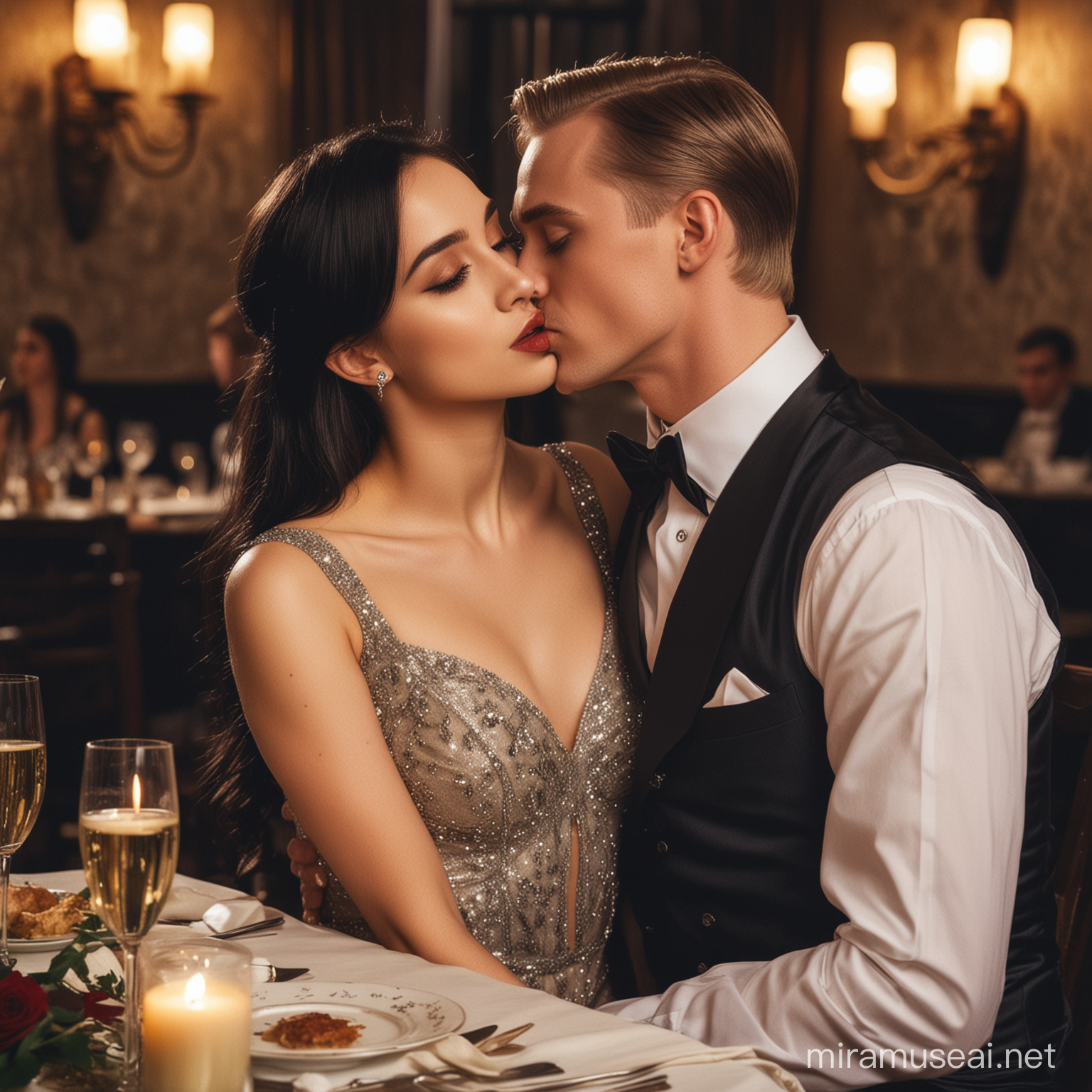 a beautiful girl with dark hair in a beautiful expensive evening dress at the table kisses Draco Malfoy on the cheek in a tuxedo,dinner, evening, restaurant