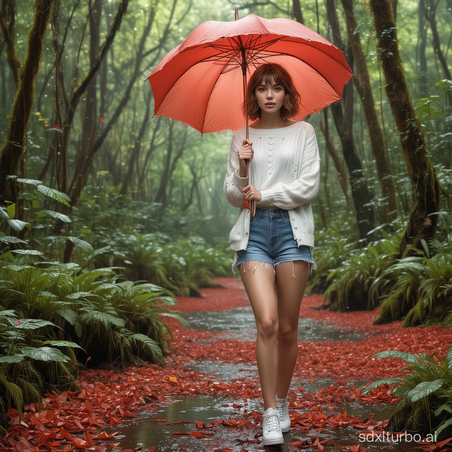 In a mystical and ethereal rainforest, add a beautiful young woman with bright skin and a messy brown bob hairstyle, styled in a French manner. She's wearing a white sweater, short jeans, white headphones, and high heels. In her hand, she holds a vibrant red umbrella. The scene should be dynamic and interesting, balancing the natural elements with the human figure. The environment is enchanted, with intricate details, vibrant colors, and small creatures hidden, giving it a dreamlike quality. The atmosphere should emanate an enchanted and ethereal glow, creating a mystical ambiance.