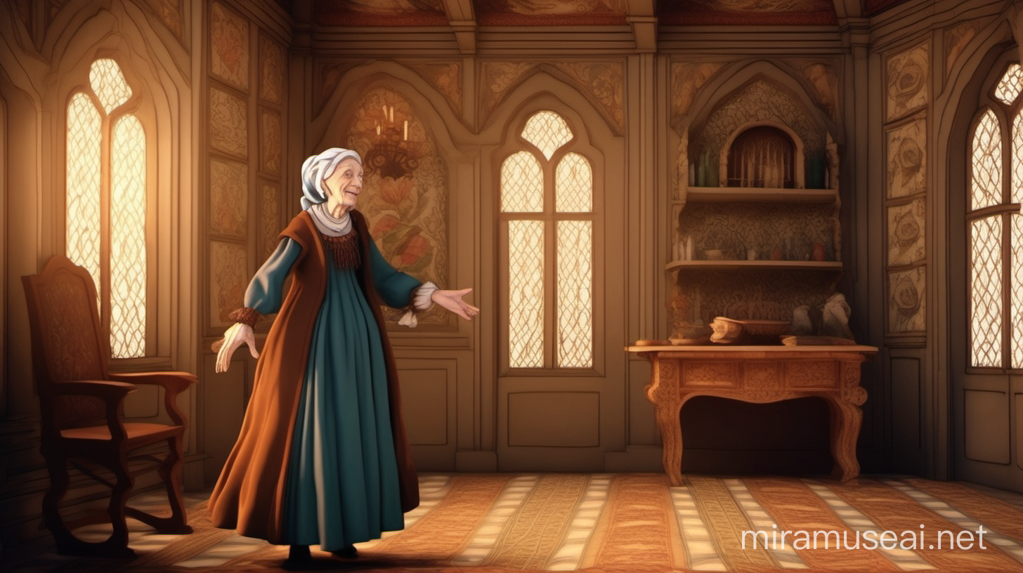 2d animated scene. Richly decorated renaissance room. Old woman dressed like a medieval made waves goodbye. close up.
