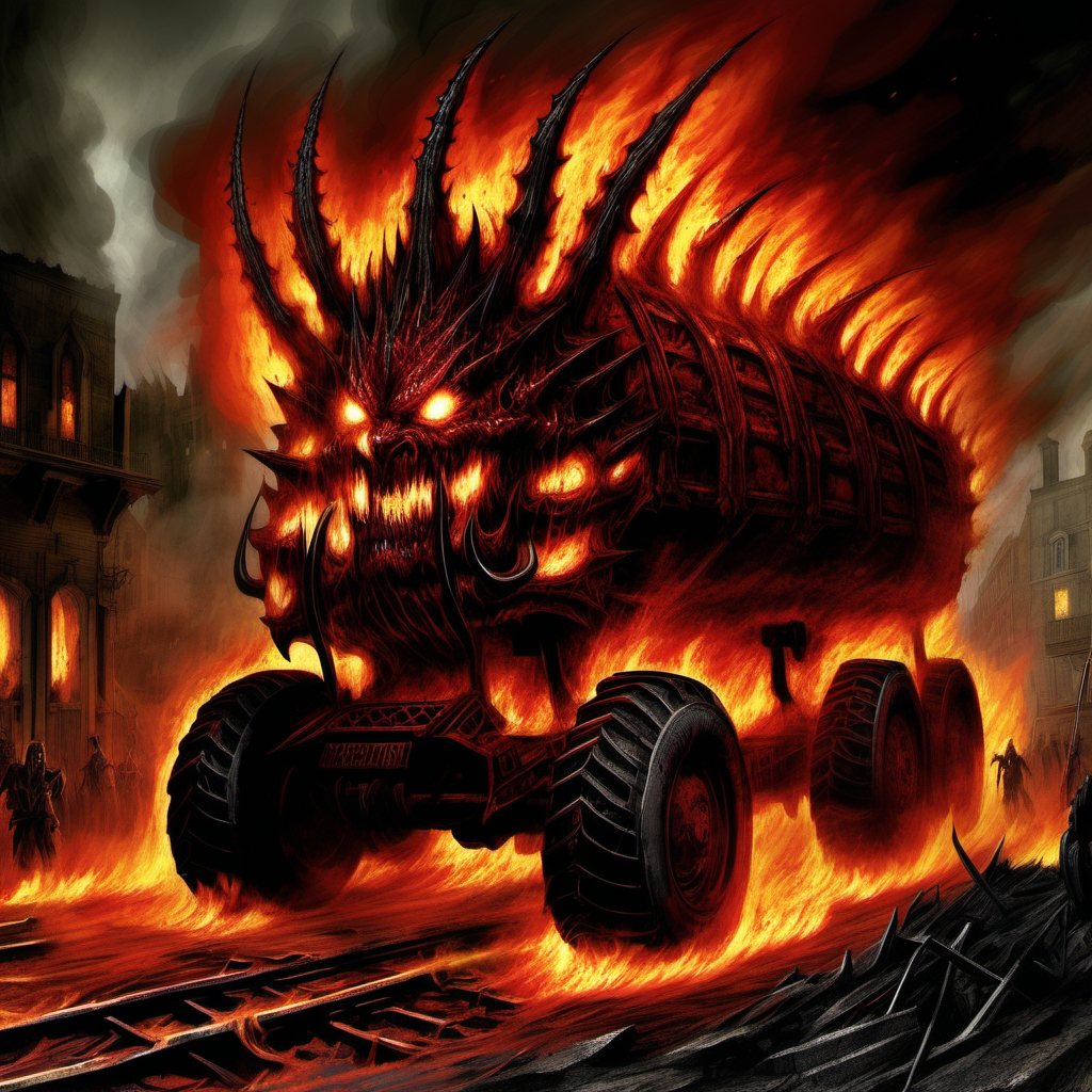 The Inferno Wagon is a monstrous creation, a twisted fusion of fire engine and infernal machine. It is a vehicle born from the darkest depths of Damien "Hellfire" Drake's pact with the devil, a charred behemoth that prowls the streets like a vengeful demon.

The Wagon's exterior is a sight to behold, its once bright red paint now scorched and blackened by the fires that rage within. Flames lick hungrily at its metal frame, casting flickering shadows across its twisted form. Jagged spikes protrude from its hood and sides, resembling the gnarled claws of some infernal beast.

Despite its imposing size, the Inferno Wagon moves with surprising agility, its wheels wreathed in tongues of flame that leave a trail of destruction in their wake. The roar of its engine is like the roar of an approaching inferno, a harbinger of doom for any who dare to stand in its path.

At the front of the vehicle, a massive nozzle protrudes like the maw of a monstrous furnace, belching forth torrents of hellfire with every blast. The Inferno Wagon is not just a vehicle—it is a weapon of mass destruction, a symbol of Damien's descent into darkness and his unwavering commitment to vengeance.