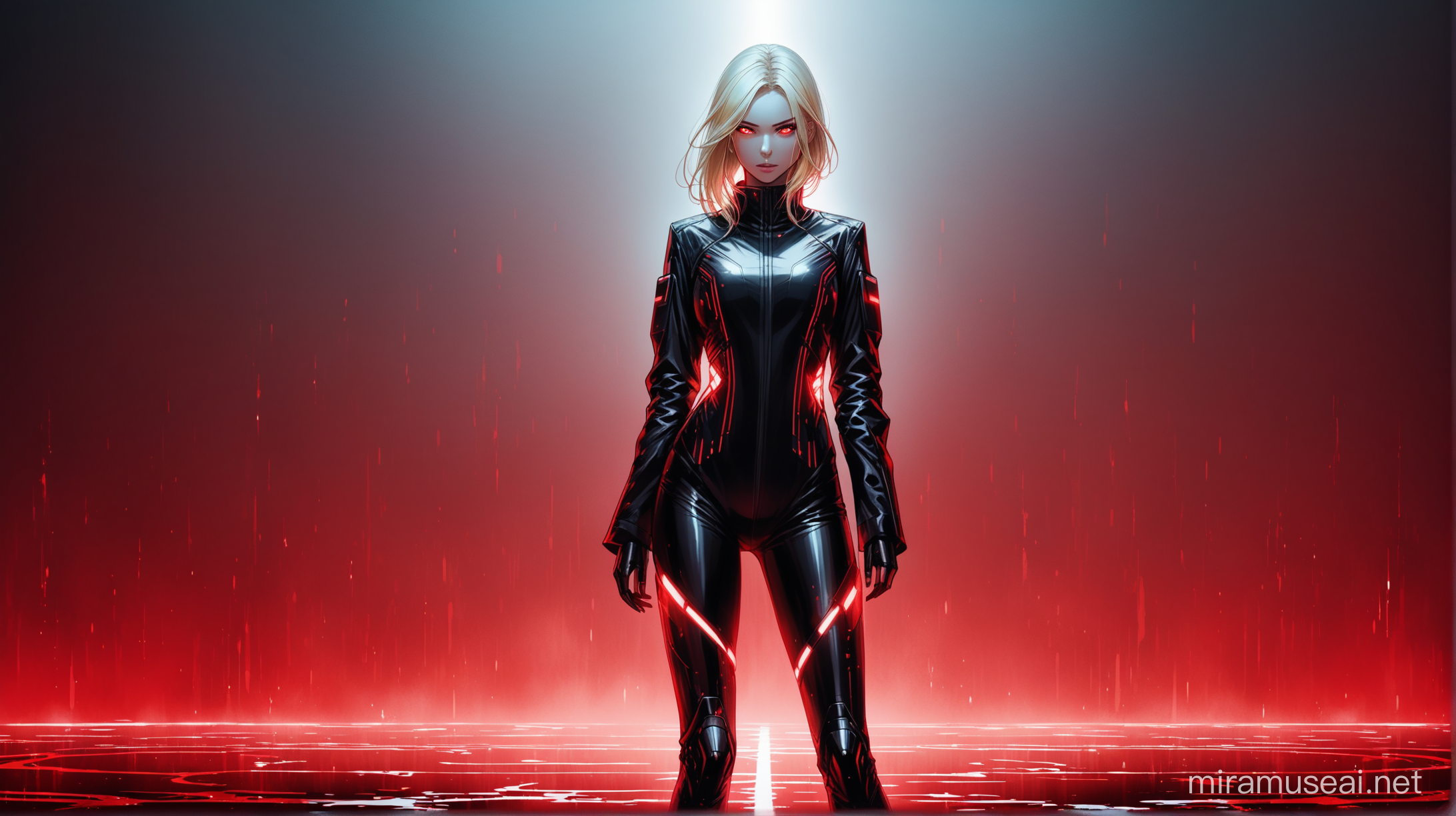 gorgeous blond woman in black futuristic jacket standing in the blood, white background, red eyes, red light fog
