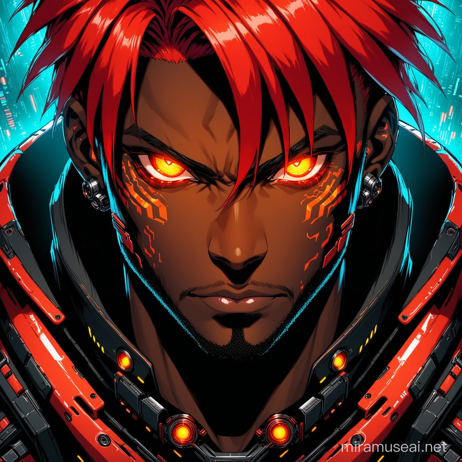 Create a close-up portrait of a strong, handsome dark-skinned man with fiery red hair and piercing red snake eyes. He wears Cyberpunk attire. Ensure precise detail in depicting his eyes.