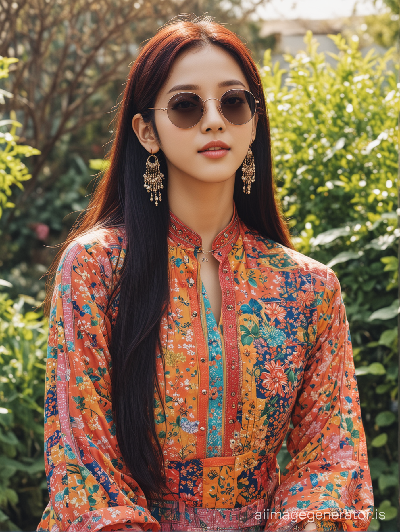Blackpink Jisoo wearing a colorful salwar kameez and sunglasses and closeup shot in a garden,