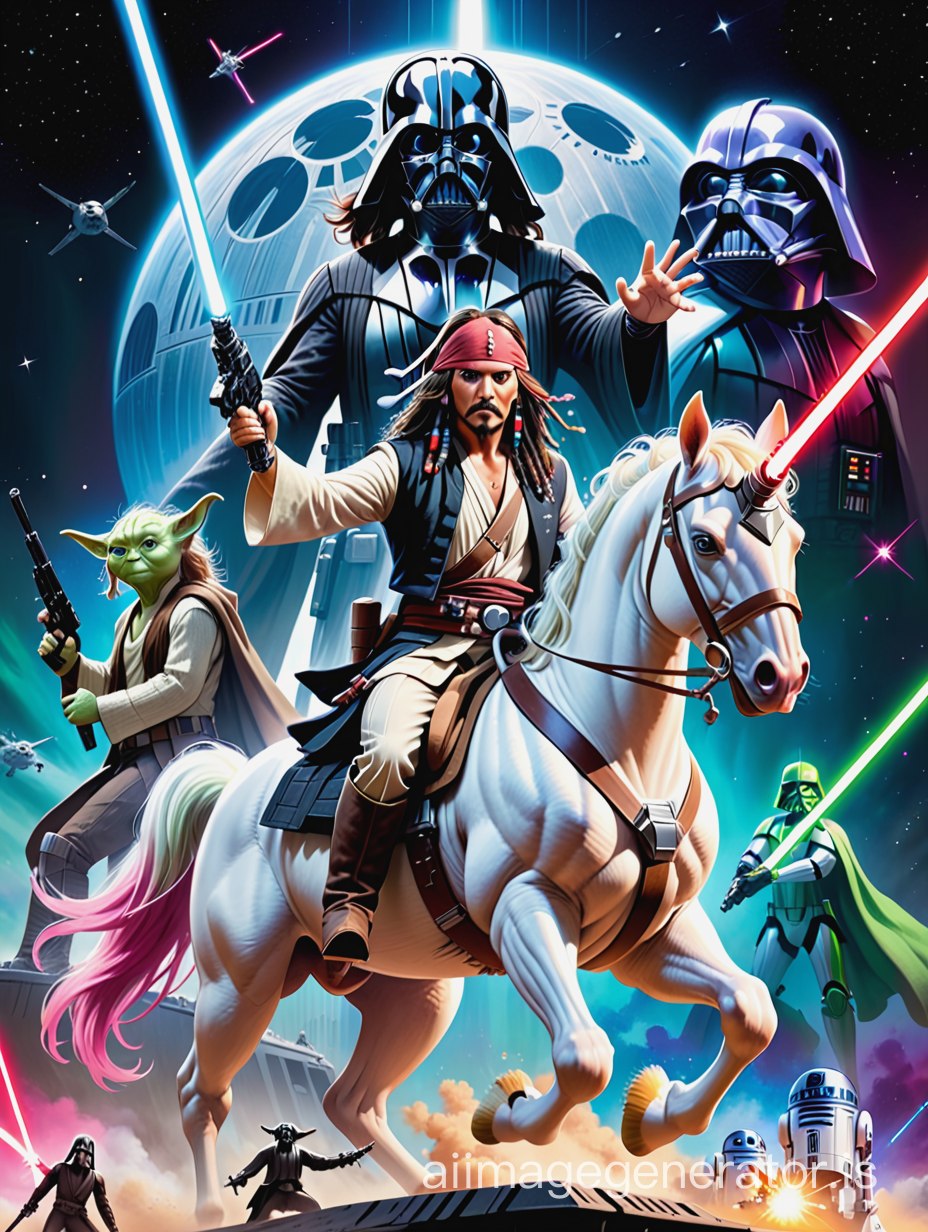Star Wars movie poster with the caption "STAR WARS" at the top. Capitan jack Sparrow sitting on a robot unicorn with a laser pistol. Background Star Wars battle, death star, yoda, darth vador