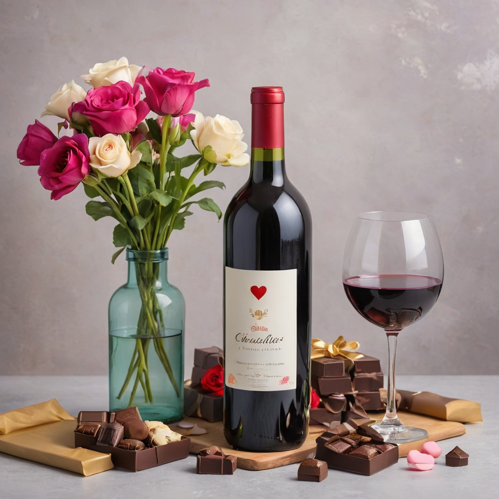 bottle of wine ,one glass, chocolates, flowers hearts 