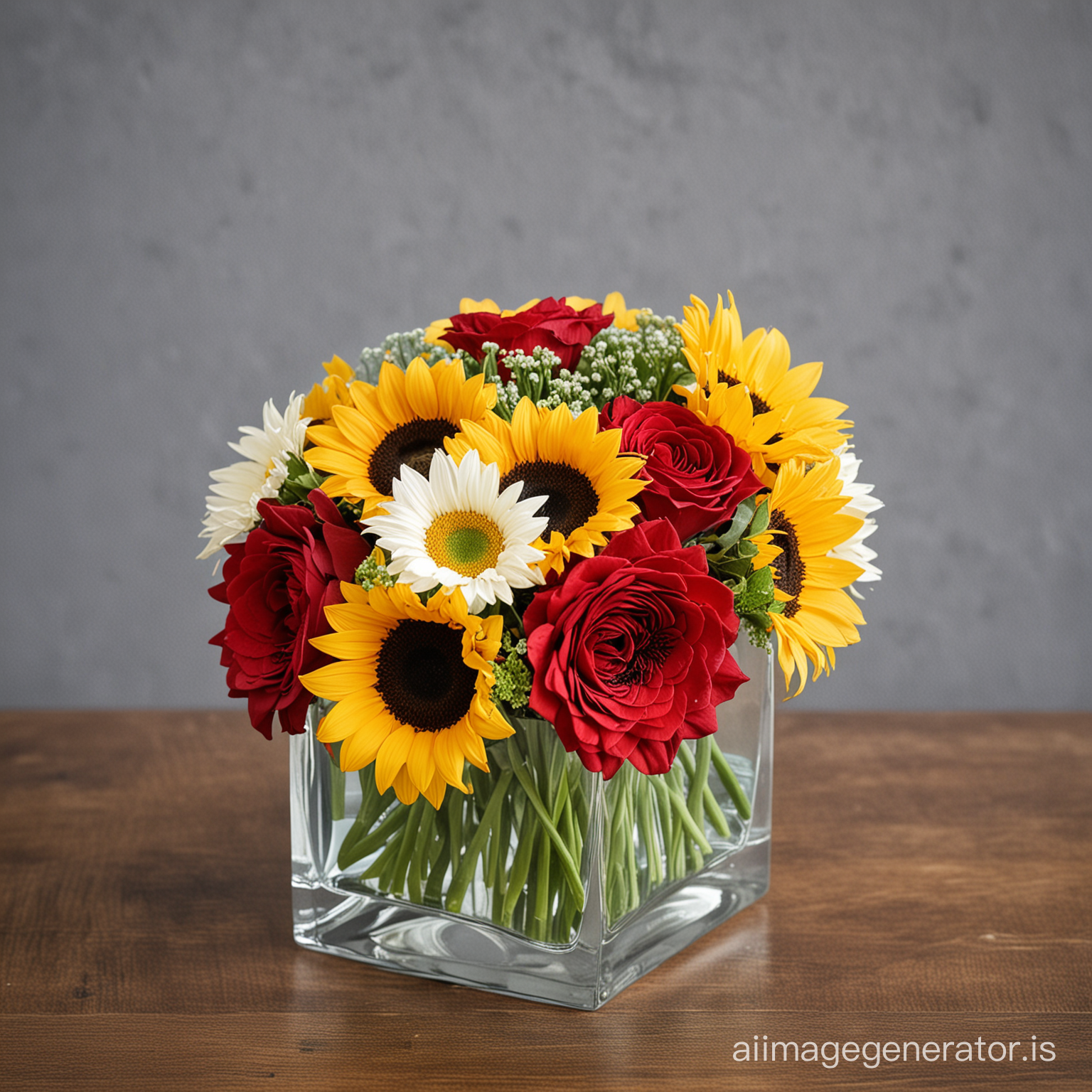 a small glass square vase filled with water and sunflowers and red roses