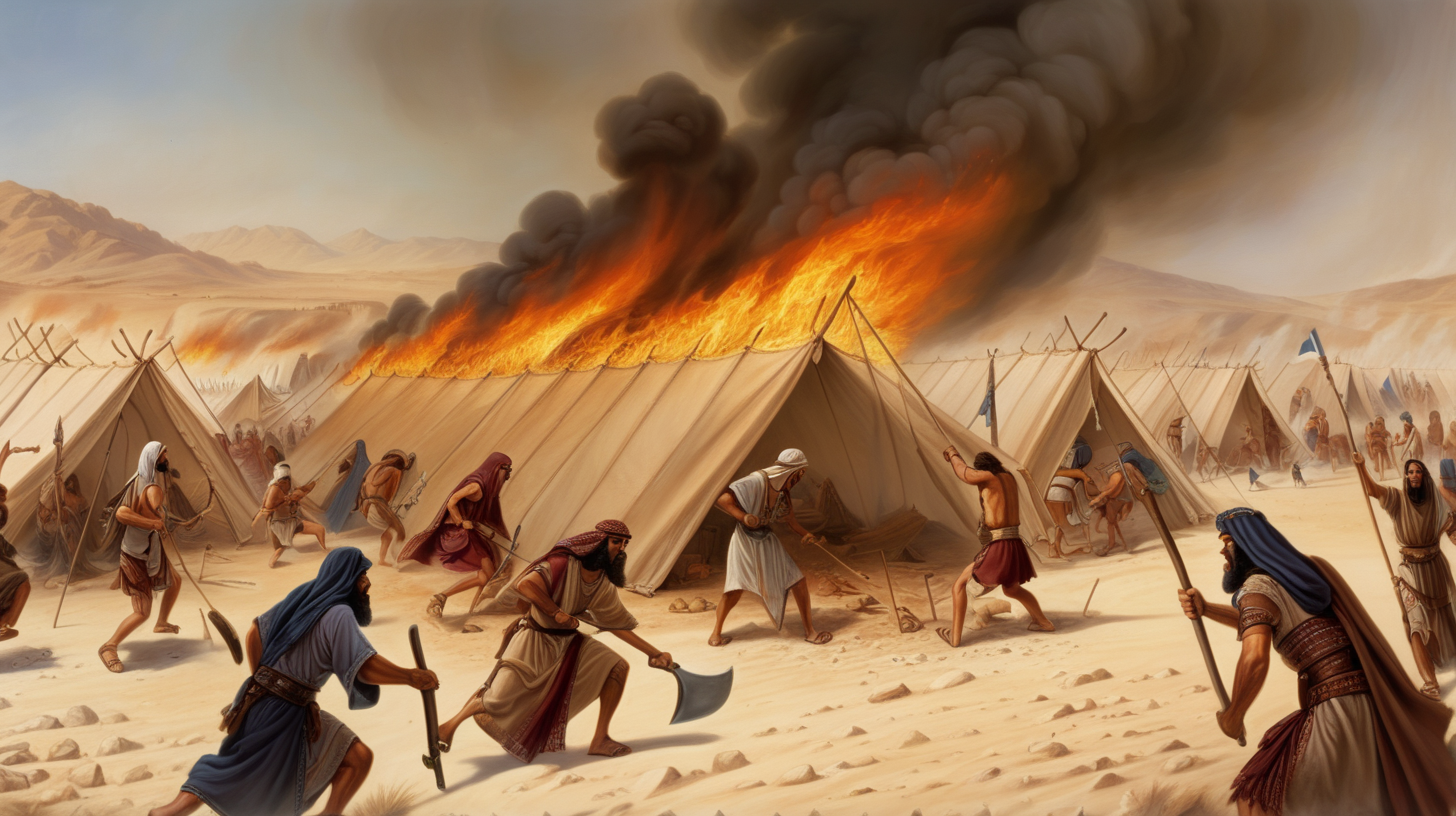 epoque biblique, un groupe de barbares arabes attaque sauvagement un campement hébreu, les tentes sont détruites et en feu, dans le désert du sinai au printemps, au matin