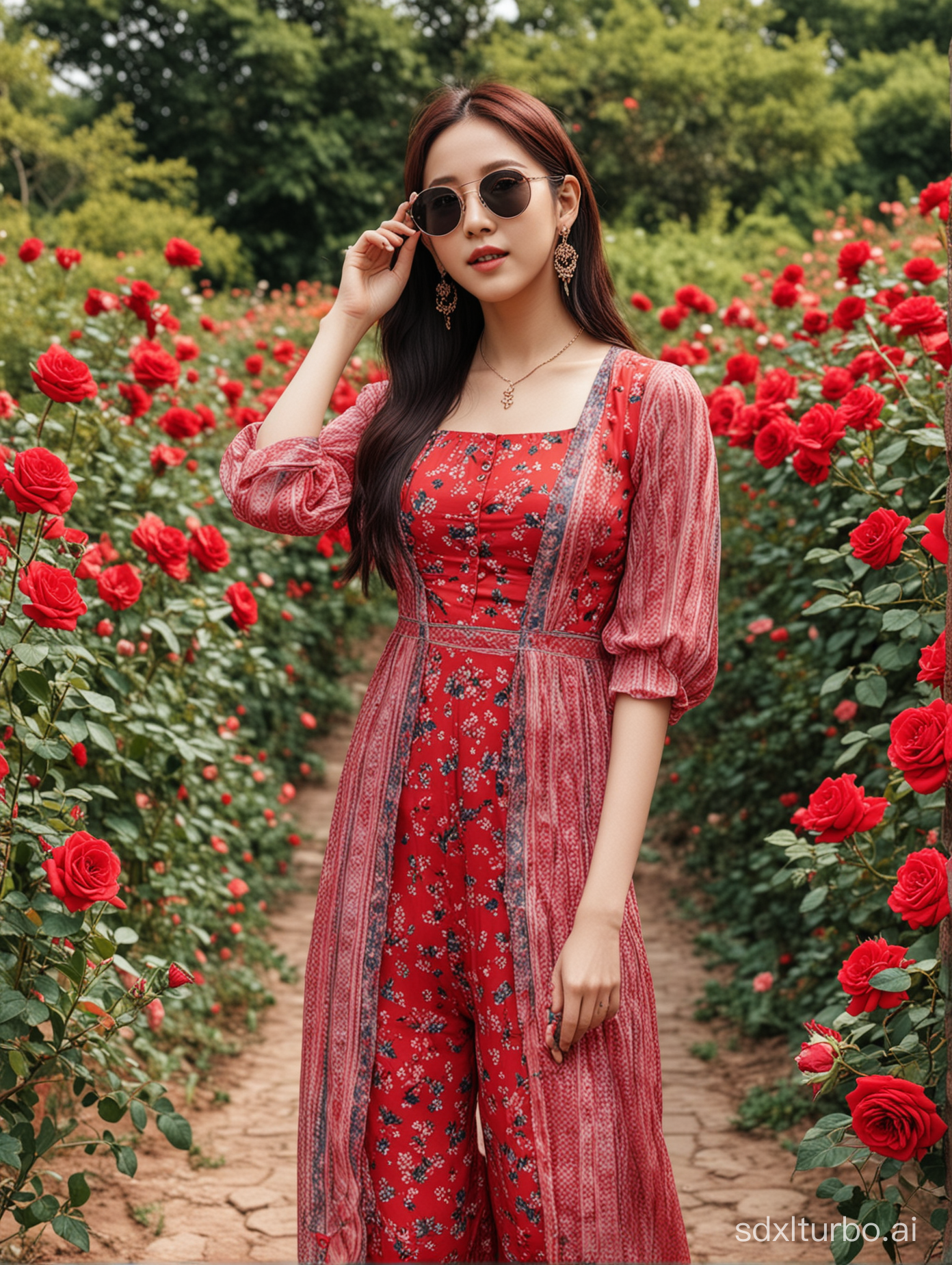 Blackpink Jisoo wearing a colorful salwar kameez and sunglasses and beautiful hands in a red rose garden,
