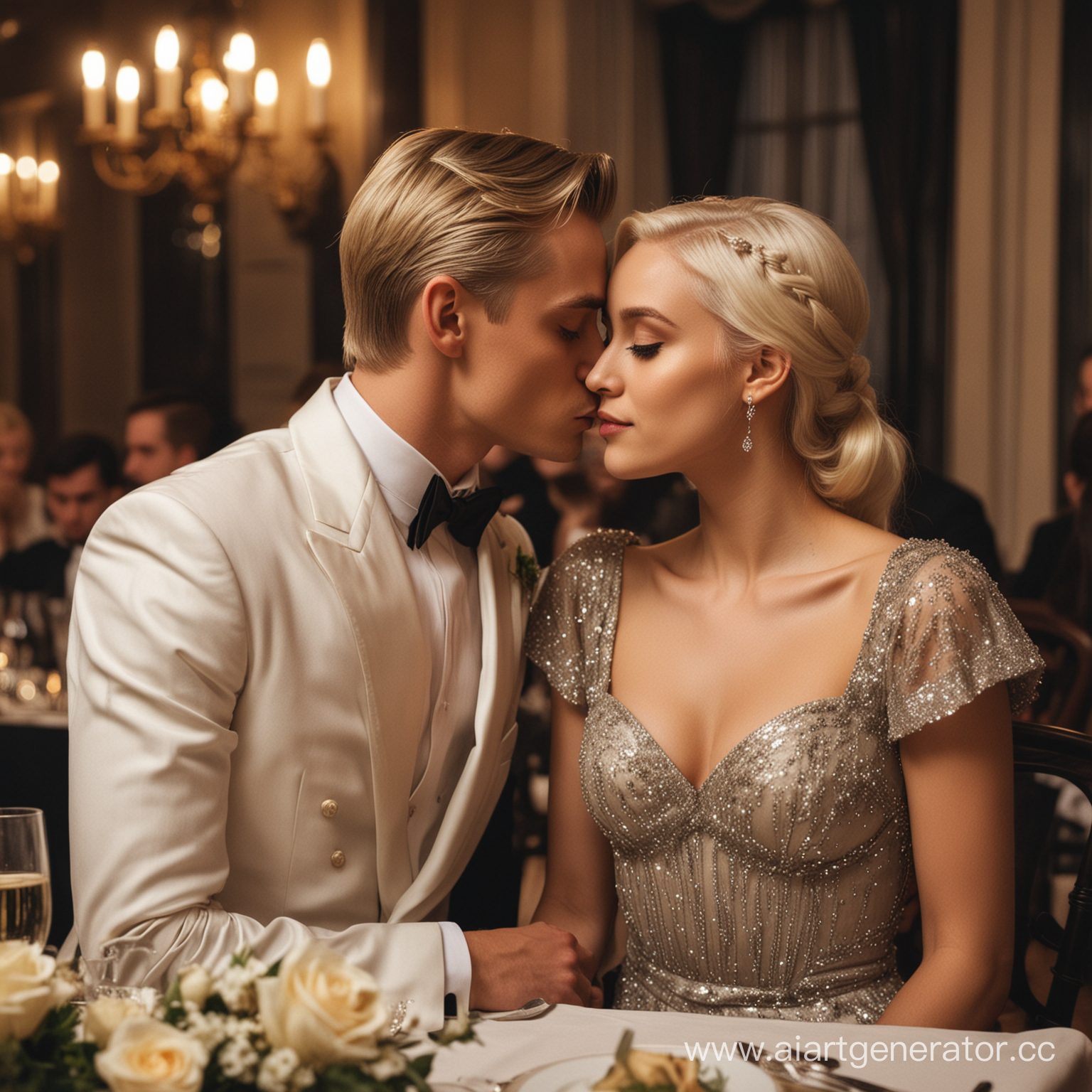 a beautiful girl with dark hair in a beautiful expensive evening dress at the table kisses a beautiful blonde Draco Malfoy in a tuxedo on the cheek ,dinner, evening, restaurant