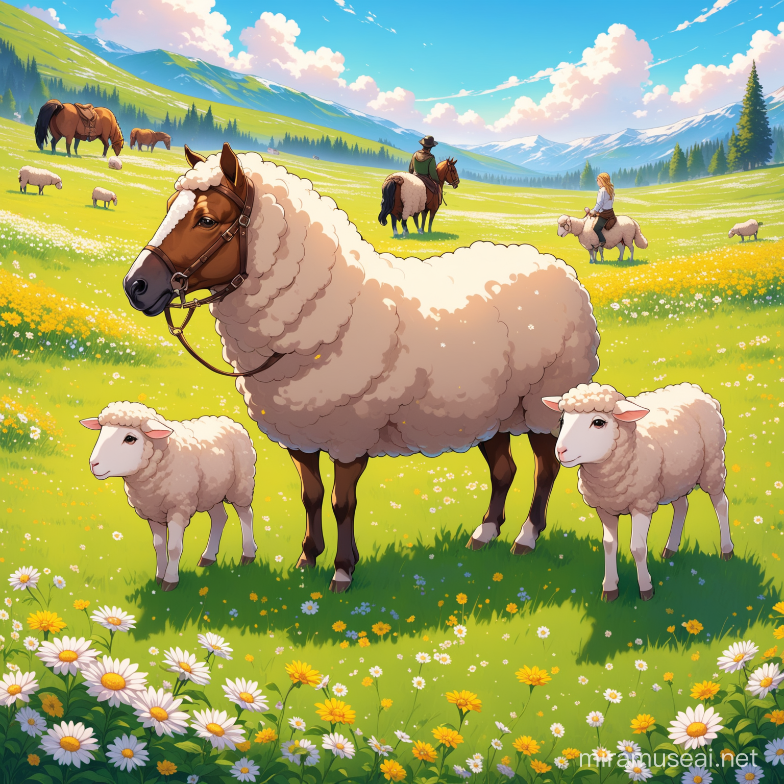 A sheep with two horses around it and lots of flowers in the meadow, as well as Eduard and his semi-girlfriend.