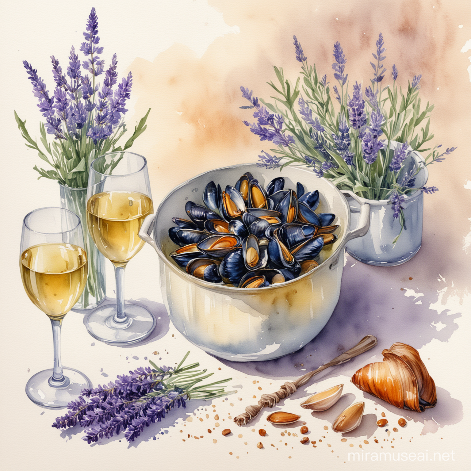 image of a glass of white wine, cloves of garlic, a bouquet of lavender and a saucepan with mussels drawn in watercolor