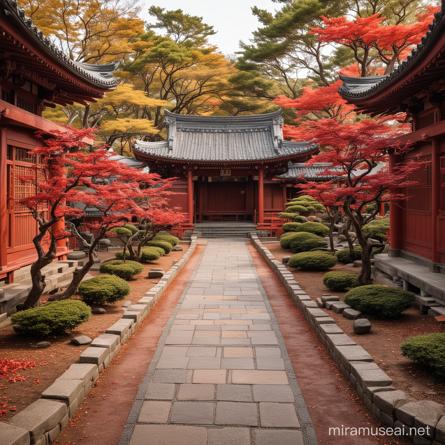 a red Japanese-style building with a path leading to it, flanked by many Japanese red dragons facing each other