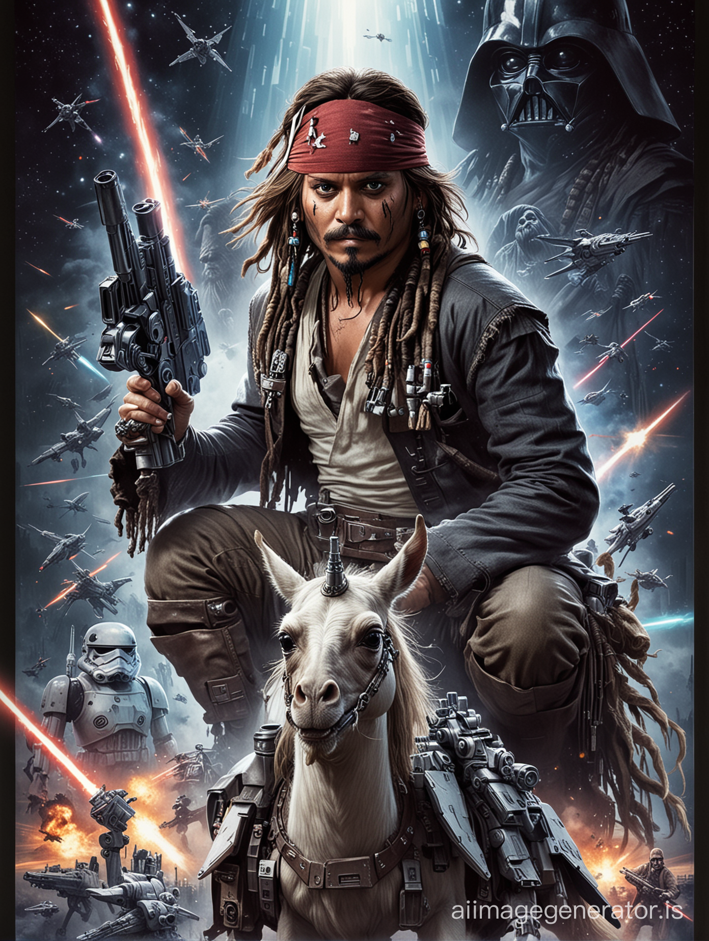 Star Wars movie poster with the caption (STAR WARS). caption (The Last Hope). Capitan jack Sparrow sitting on a robot unicorn with a laser pistol. Background Star Wars battle, death star, yoda, darth vador