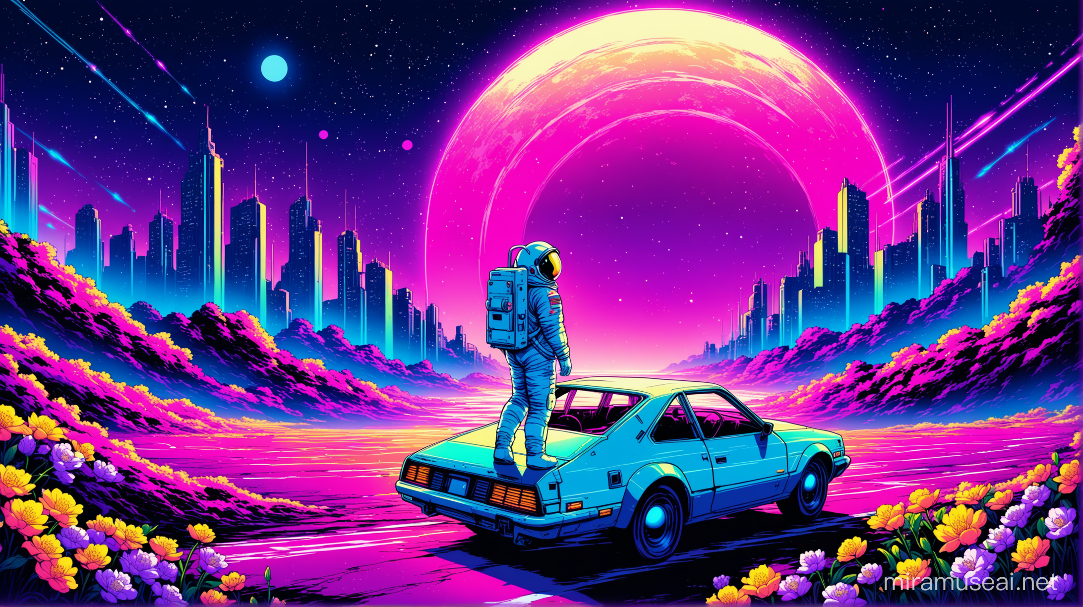 Nostalgic car space drive synthwave
spring flowers
Space suit astronaut
lost abandonned city
dystopia night 
neons
blue color
not too much saturated colors
moonlight
high speed
