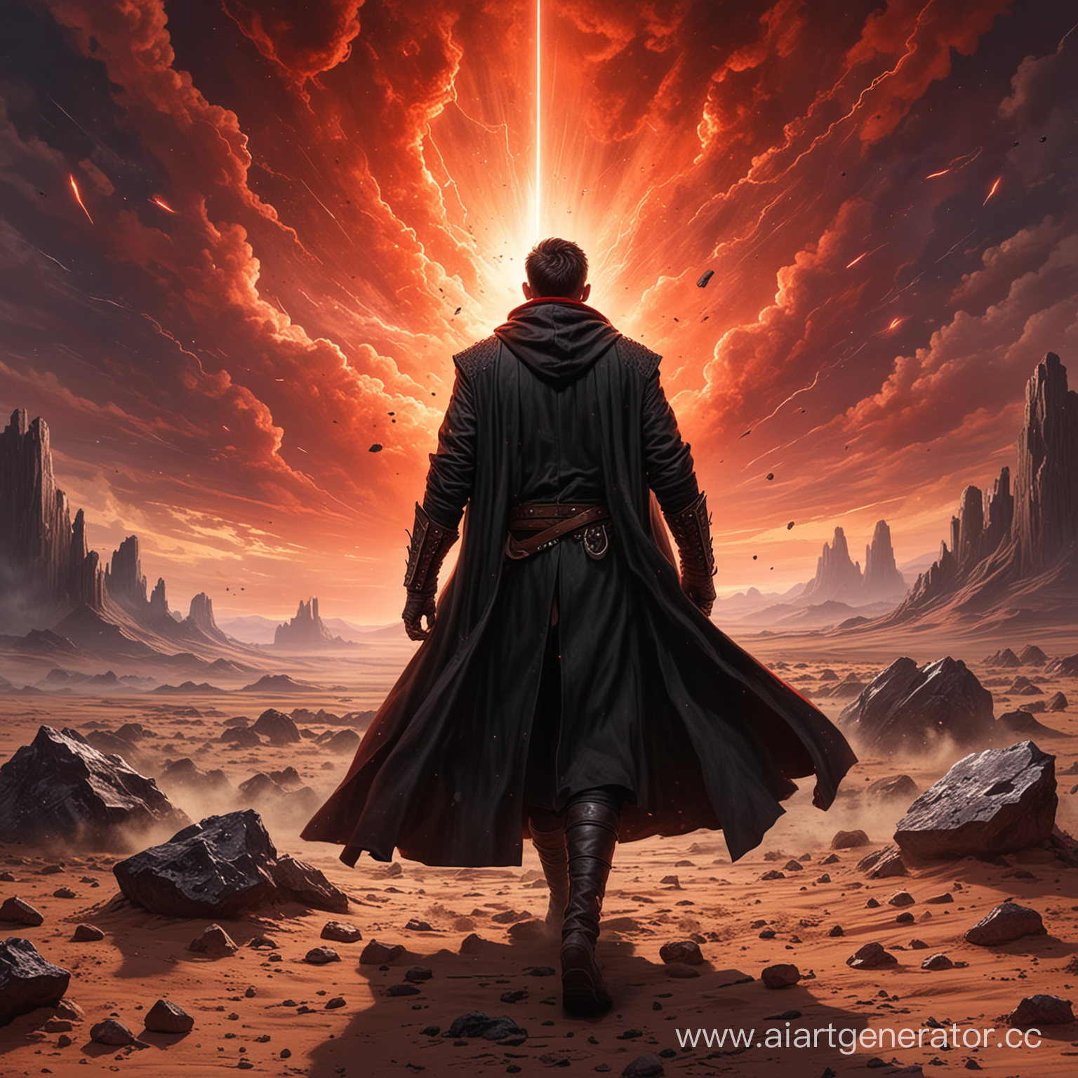 герой использующий магию в длинном черном средневековом пальто создал магический барьер вокруг себя об который ударяются метеориты, действия происходит в пустыне темные облака и небо красное