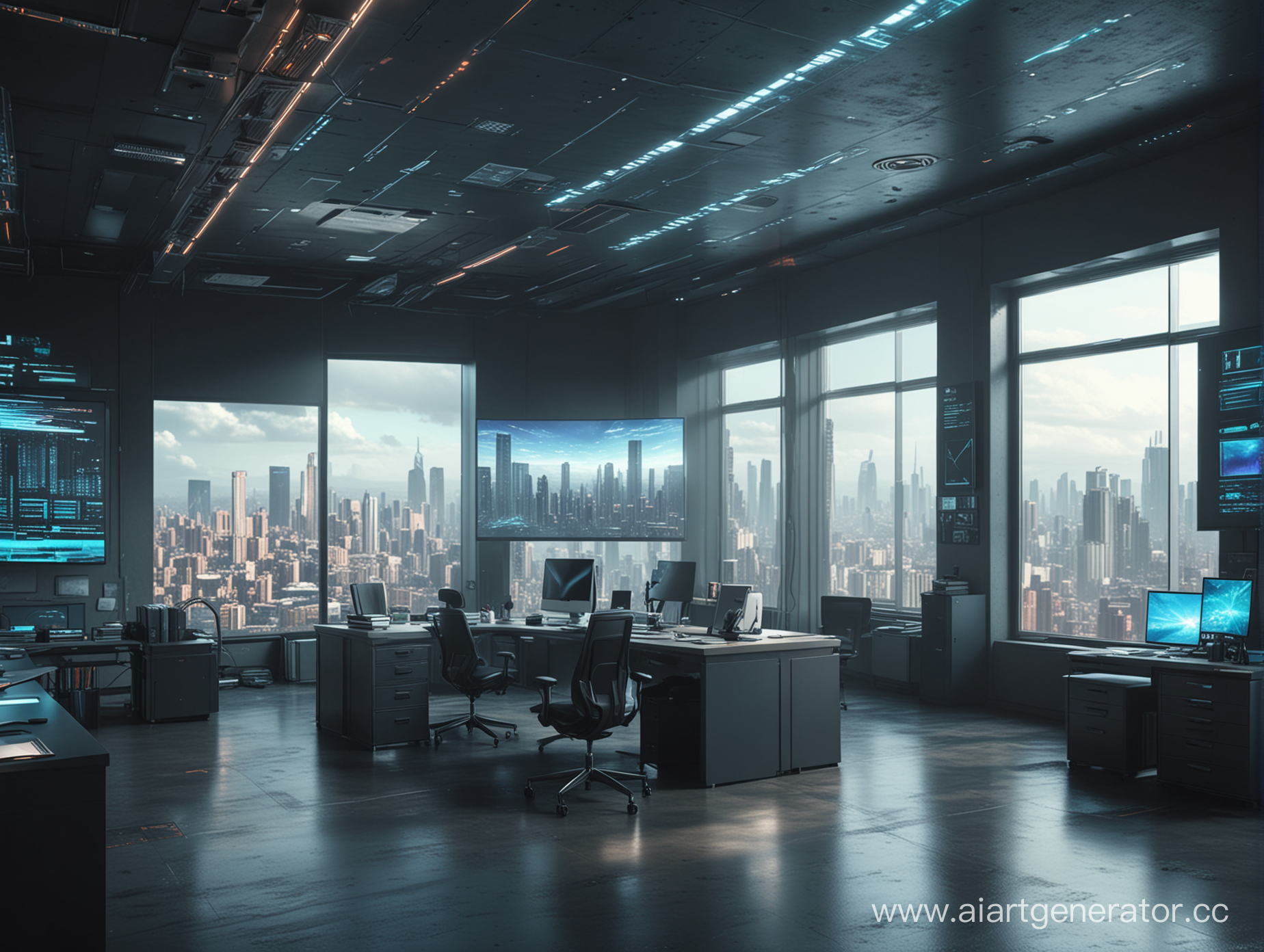 cyberpunk wide office without people, with big window and big flying holographic screen