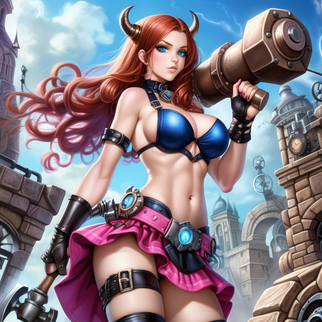 Busty sayter with blue eyes and a beautiful auburn hair that flows around her ivory horns,  she carries a huge metal forged mechanical hammer,  he hot pink miniskirt is held up by a black and blue corset, electricity flashes all around her, she stands on a floating chunk of Cobblestone and rock in the summers sky, steampunk 