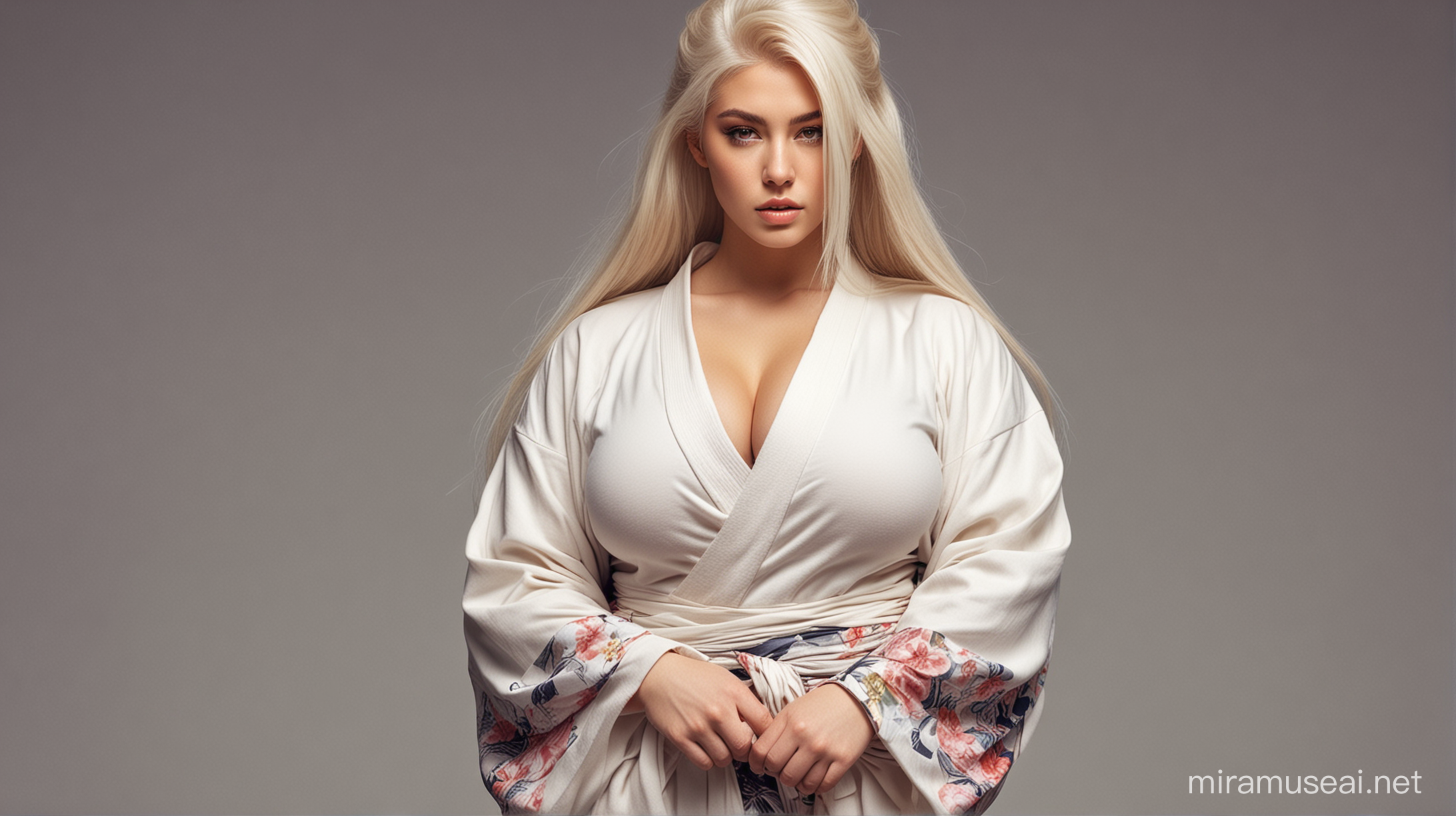 Extremely gigantic woman; extremely colossal; extremely muscular; beautiful; sexy; seductive; cute; milky hair; very big breasts; very big cleavage; very long hair; high fade undercut hairstyle; extremely muscular arms; wearing a milky sweatshirt with kimono sleeves; 