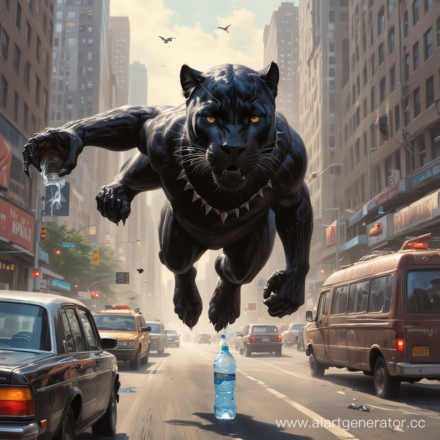 The black panther runs quickly through city traffic jams, flying over cars, holding a bottle of water in his teeth