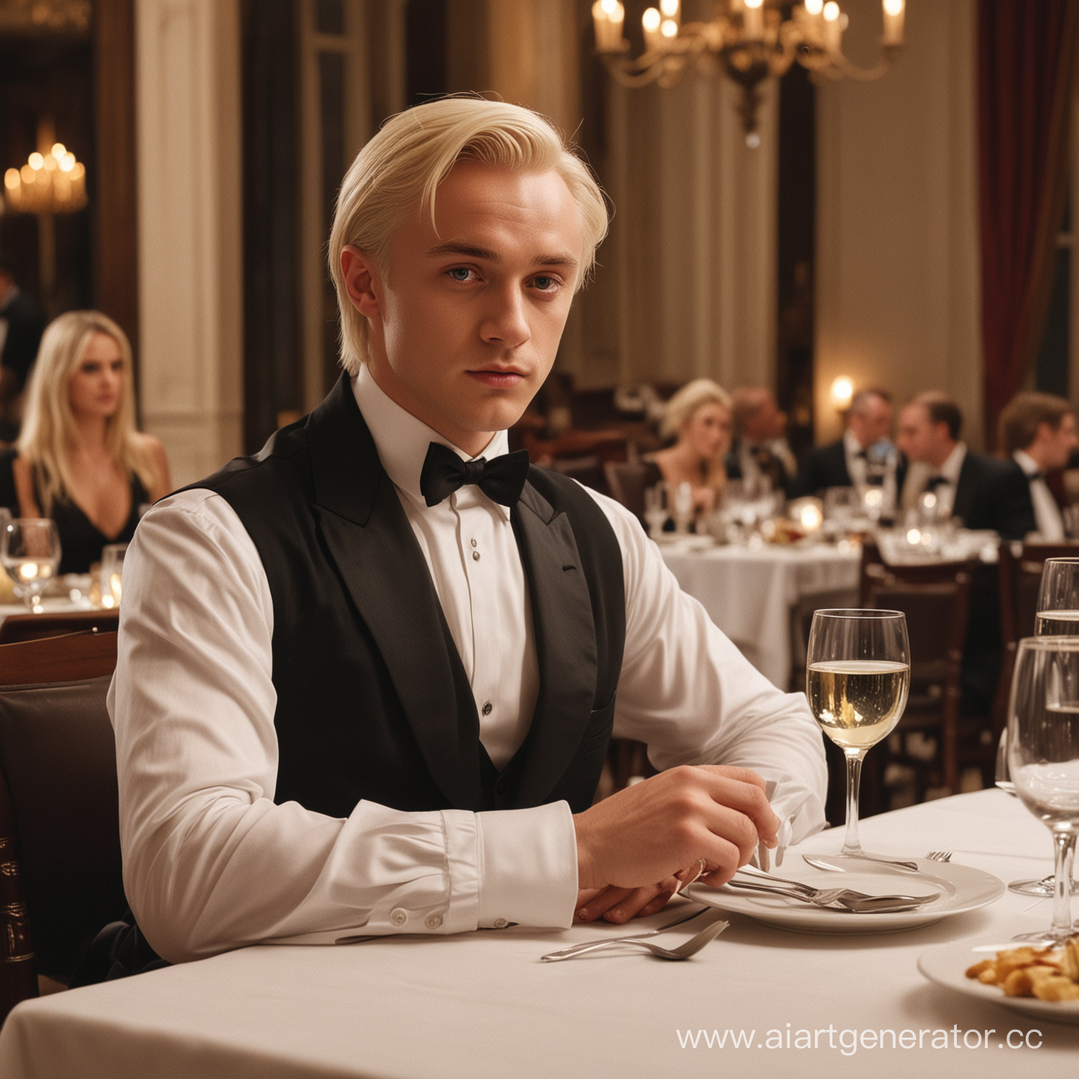beautiful blond Draco Malfoy in a tuxedo at a table in an expensive restaurant, dinner, evening, restaurant