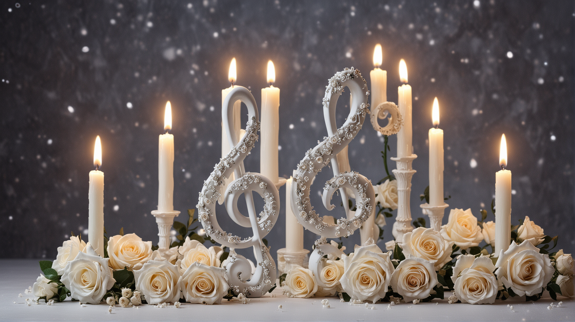 Evening, starry sky, one white a statuette in the form of a treble clef, candles, , pale roses, flowers