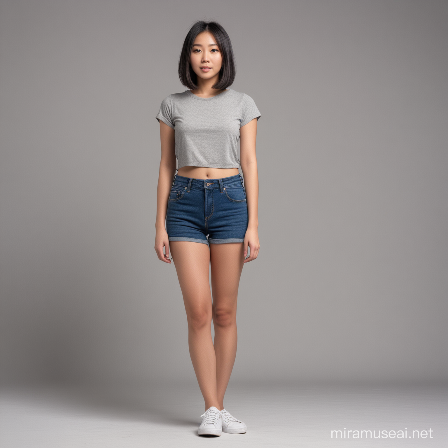 a full-body view of a slim beautiful Asian young adult woman with her hair in a bob standing alone 