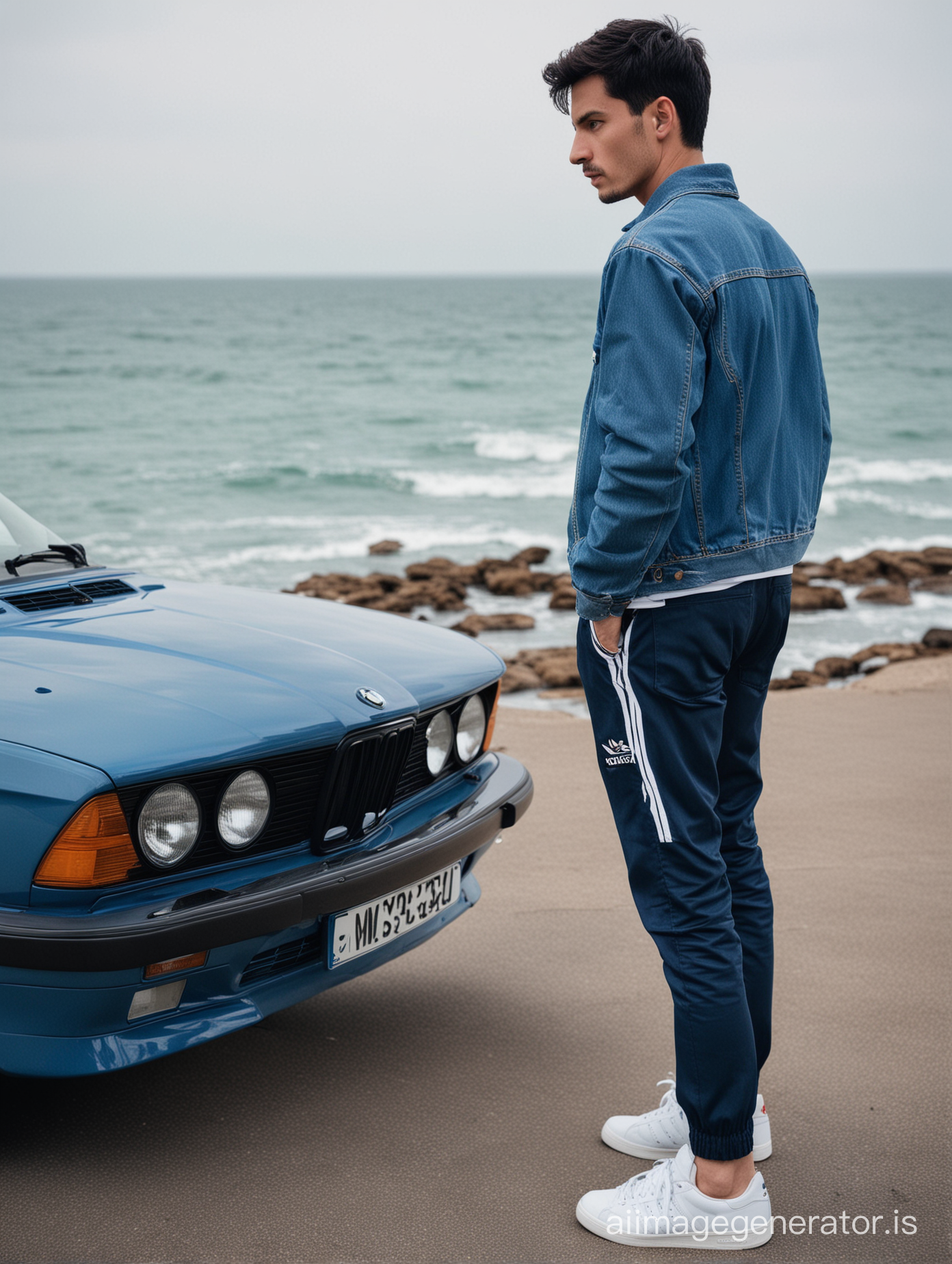 back  view of a man in a denim jacket , blue adidas training pants and white sneakers with short dark hair beside a very dark blue BMW 320i e30 classic  in front of the sea