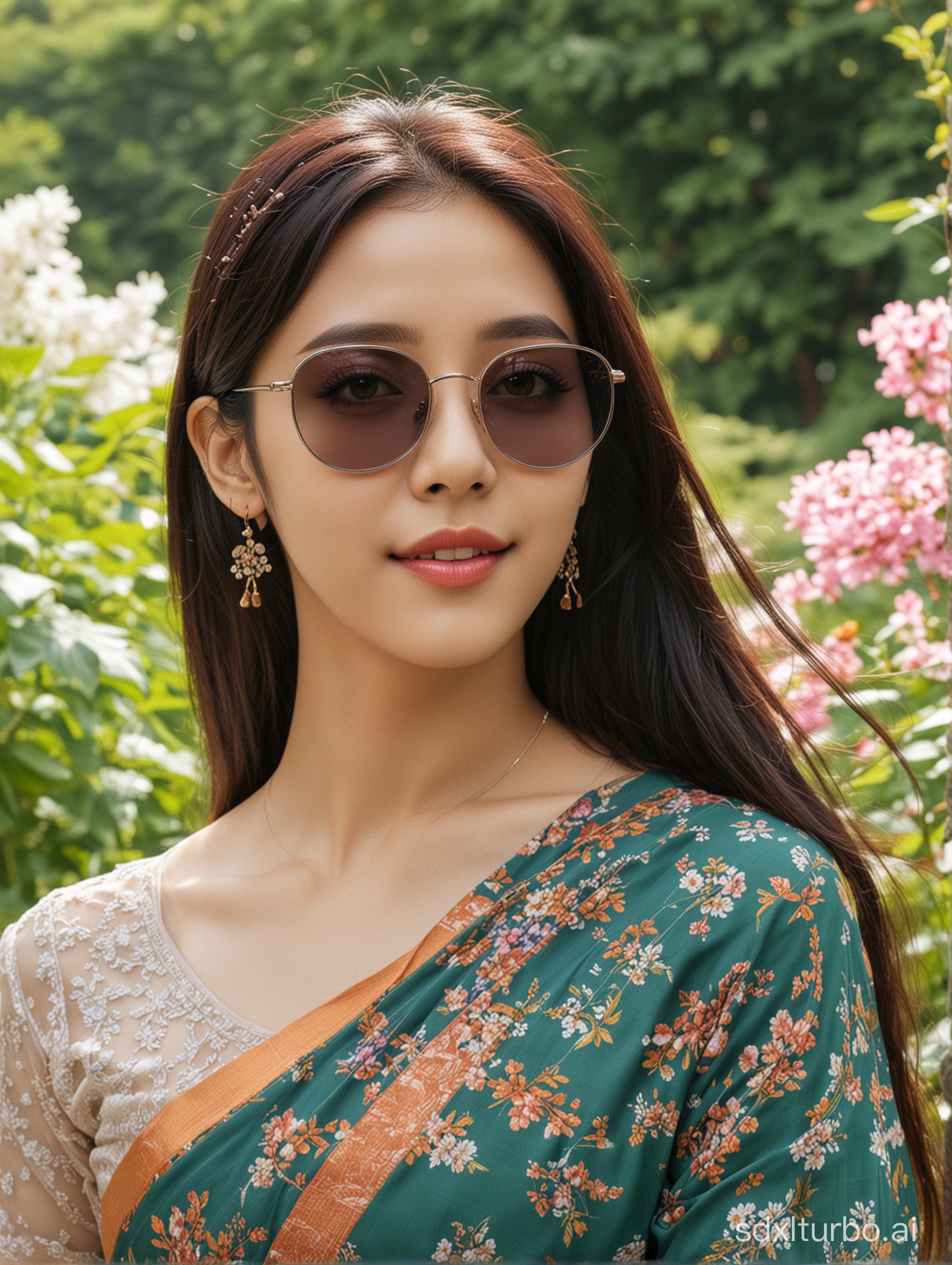 Jisoo in Saree, sunglasses, closeup shot, flora garden,