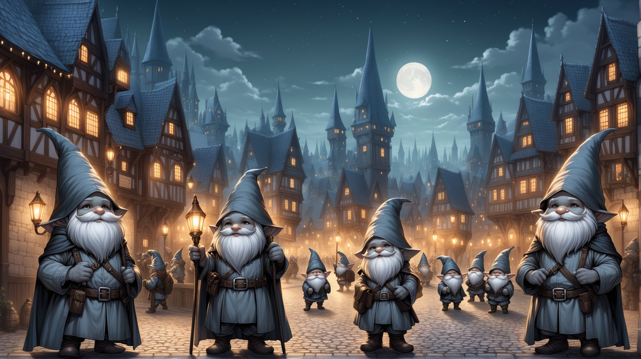 young gray gnomes with gray skin, gray gnome men with gray skin, Victorian city, night, Medieval fantasy