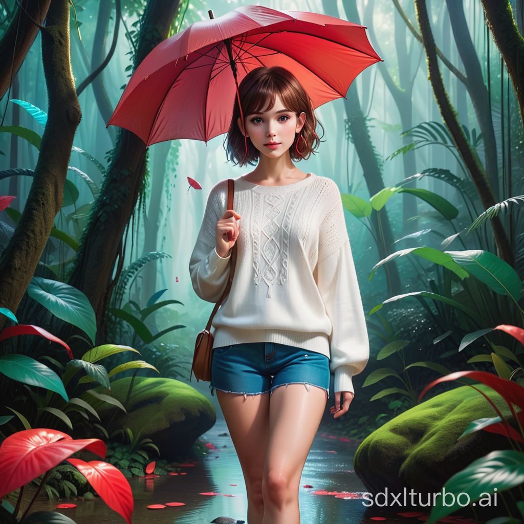 In a mystical and ethereal rainforest, add a beautiful young woman with bright skin and a messy brown bob hairstyle, styled in a French manner. She's wearing a white sweater, short jeans, white headphones, and high heels. In her hand, she holds a vibrant red umbrella. The scene should be dynamic and interesting, balancing the natural elements with the human figure. The environment is enchanted, with intricate details, vibrant colors, and small creatures hidden, giving it a dreamlike quality. The atmosphere should emanate an enchanted and ethereal glow, creating a mystical ambiance.