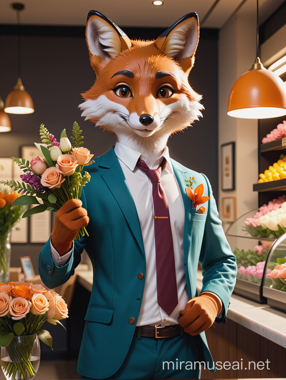 an anthropomorphic fox men customer services manager, flowers in hand, cinematic