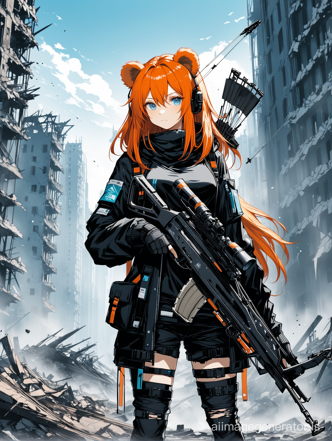 Arknights, (((Arknights))) ursus girl, bear ears, orang hair, with a crossbow, against the background of destroyed city, (((black clothes with blue elements)))