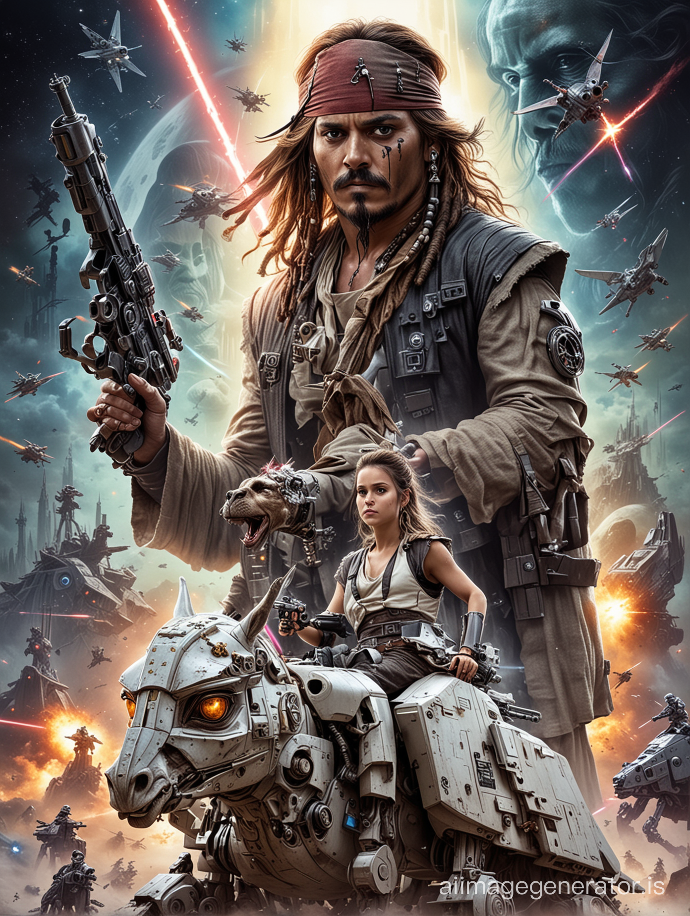 (Star Wars movie poster). Capitan jack Sparrow sitting on a robot unicorn with a laser pistol. Background Star Wars battle, Death-Star, Yoda, Darth Vador, Millennium Falcon