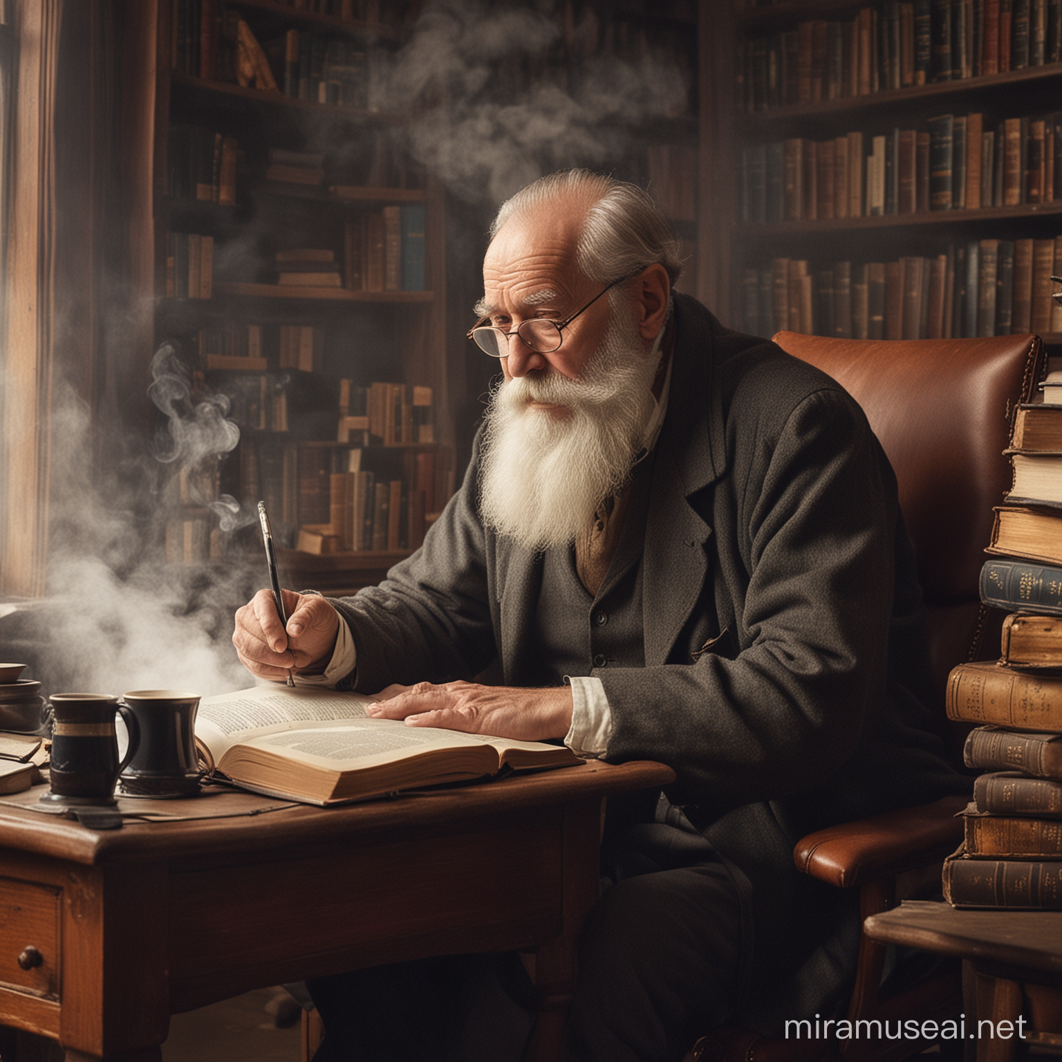 A library scenery an old man with a beard sits in his chair hunching over his desk studying. Books are all around him as a cup of coffee is placed to his side steam rising from the coffee as he seriously ponders the meaning of the writings he is reading.