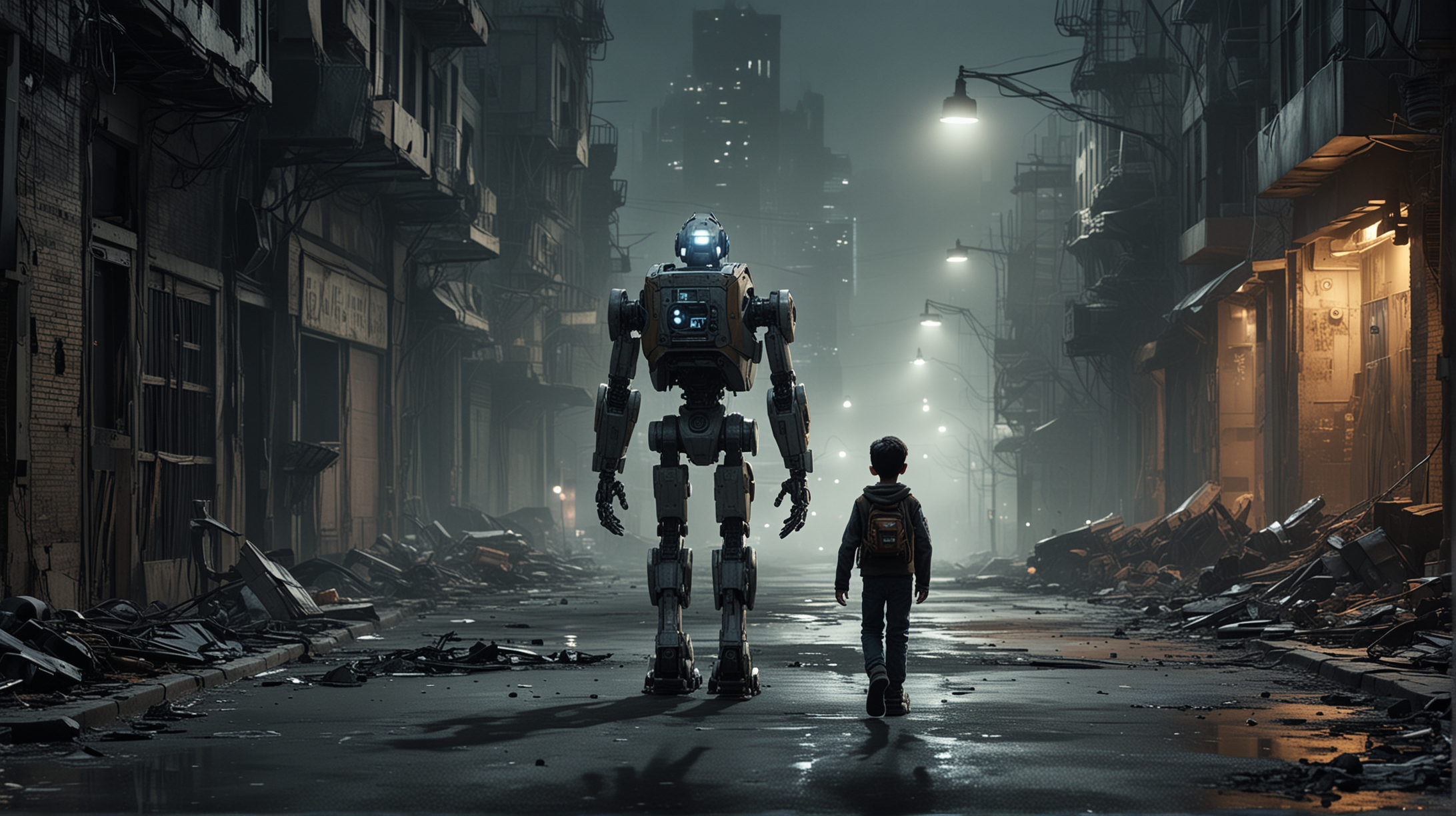 an 8-year-old boy and his robot companion walking down a dystopian street at night towards us as other robots lurk in the shadows of demolished buildings