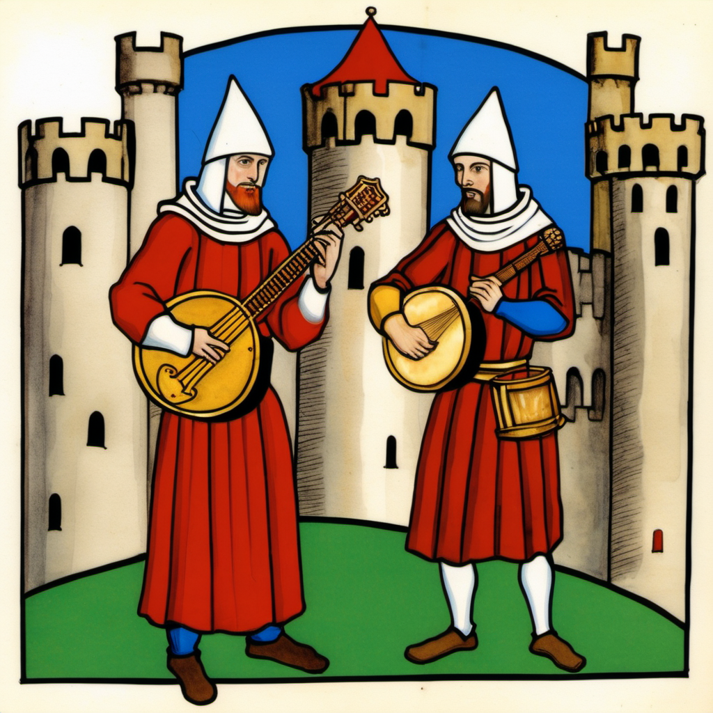 Codex Manesse: Two Men with simple, medieval, european Clothing. They wear white Hoods, like Coifs. They have brown hair and beards. The man on the left plays a drum. The man on the right plays a Mandolin. In the Background is a castle