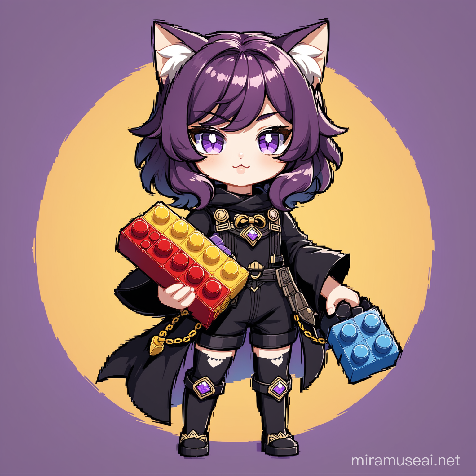 a cat girl with purple short wavy hair holding a bunch of lego in a black outfit in the style of a genshin character