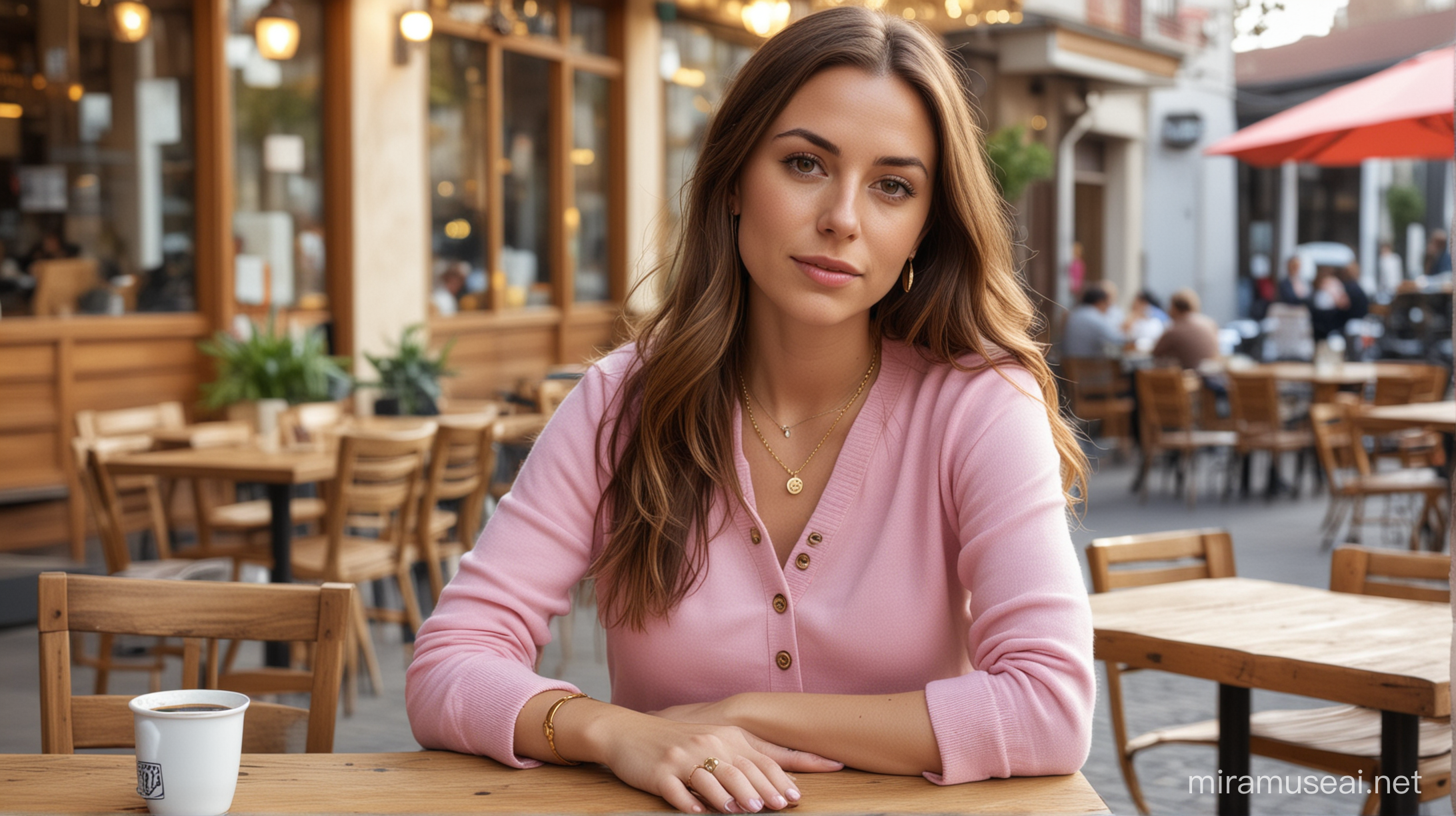 29 year old white woman with long brown hair, wearing a gold necklace, pink button-up sweater, sitting down at a table at an outdoor urban café background