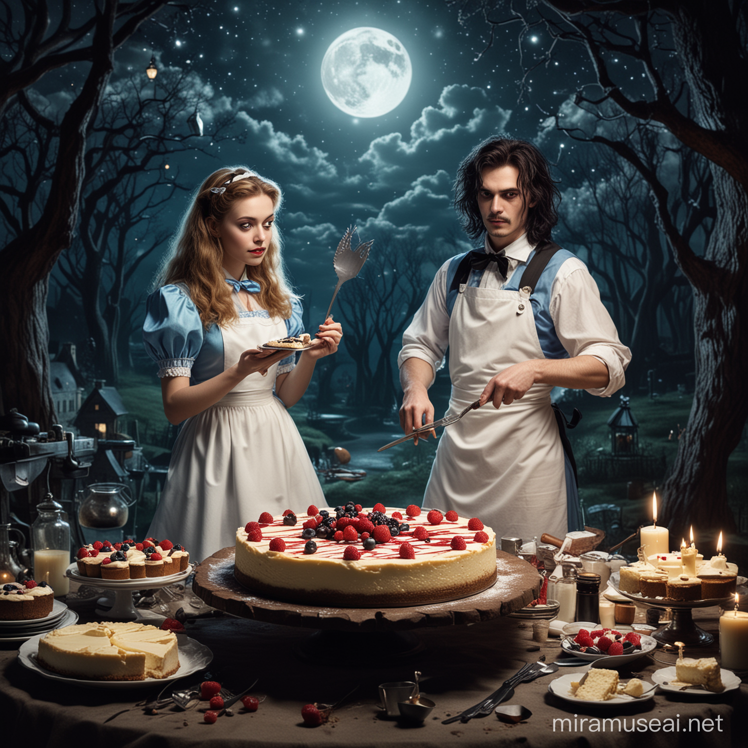 Fantasy Characters Baking Cheesecake on Moonlit Night