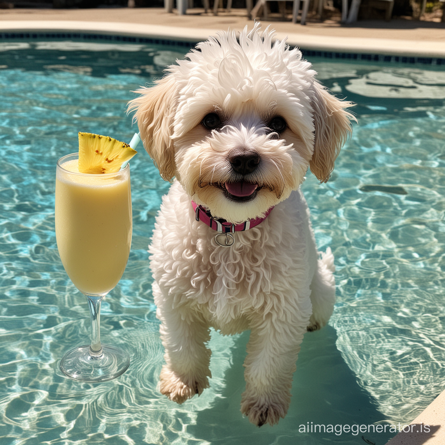 Happy maltipoo in pool with a pina colada