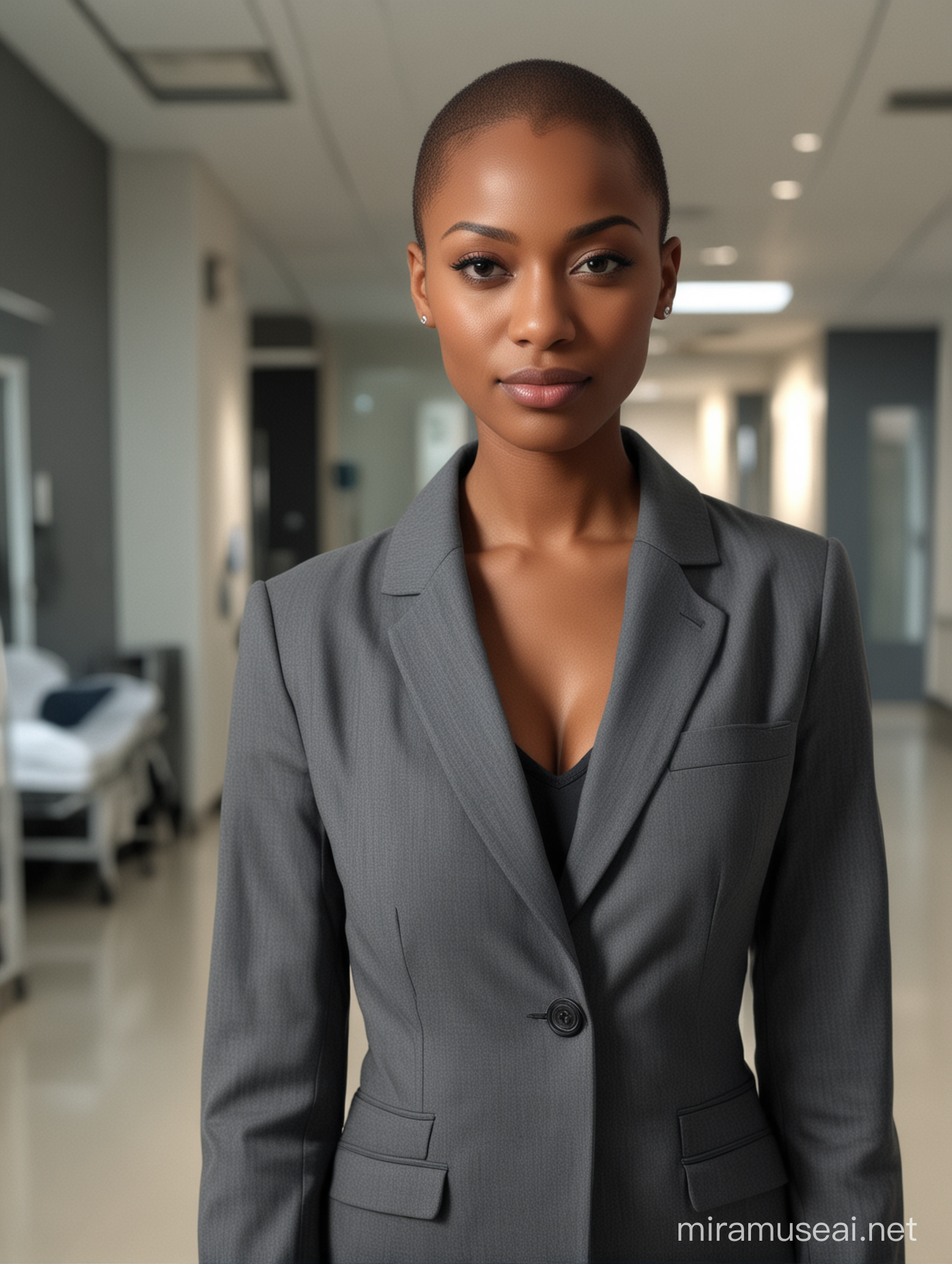 4K, A real professionally done Hyperdetailed full length photo of a very beautiful  african american woman with no hair on her head and head is Carmel, pores visible, realistic shot, wearing a elegant suit, she is waking into a modern hospital, Professional lighting, night. candid celebrity shots, uhd image, body extensions, natural beauty --ar 69:128 --s 750 --v 5. 2