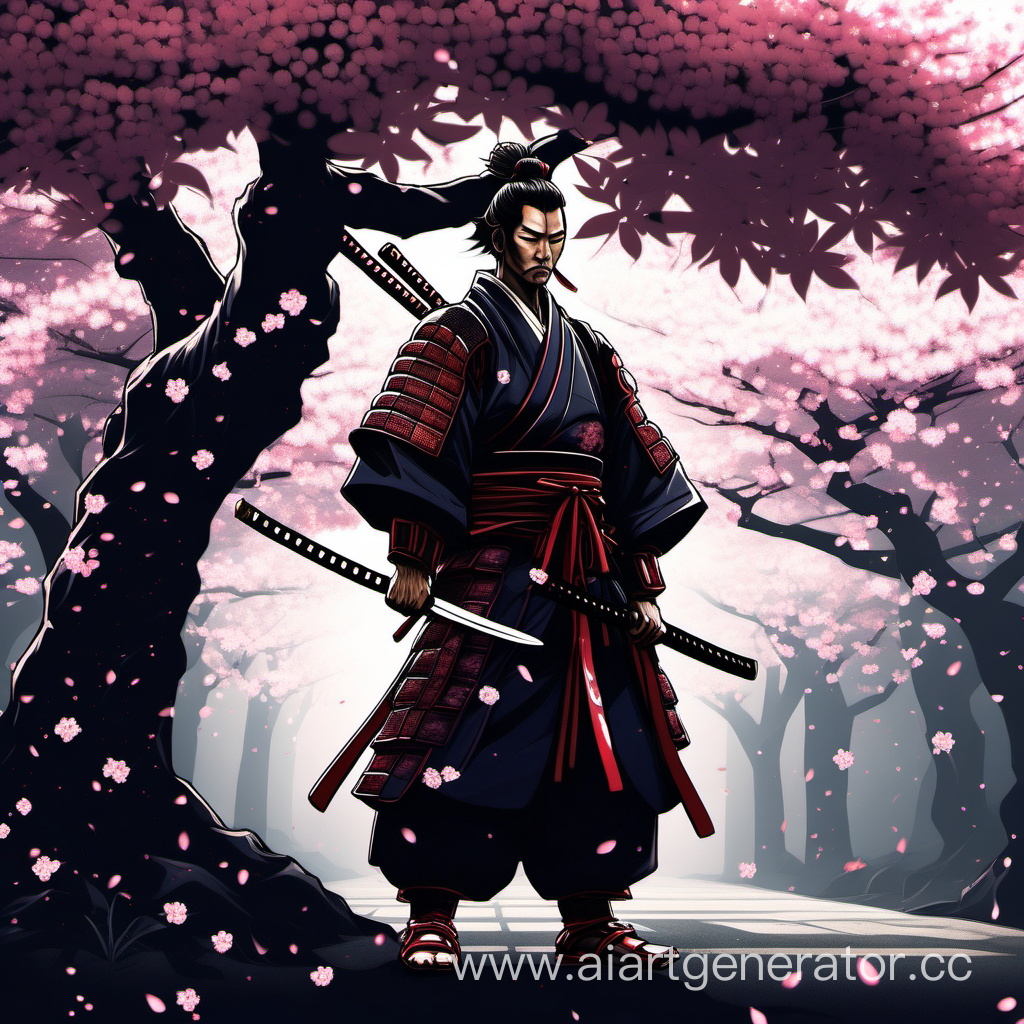 Самурай под древом сакуры для аватара профиля в темной стилистике 