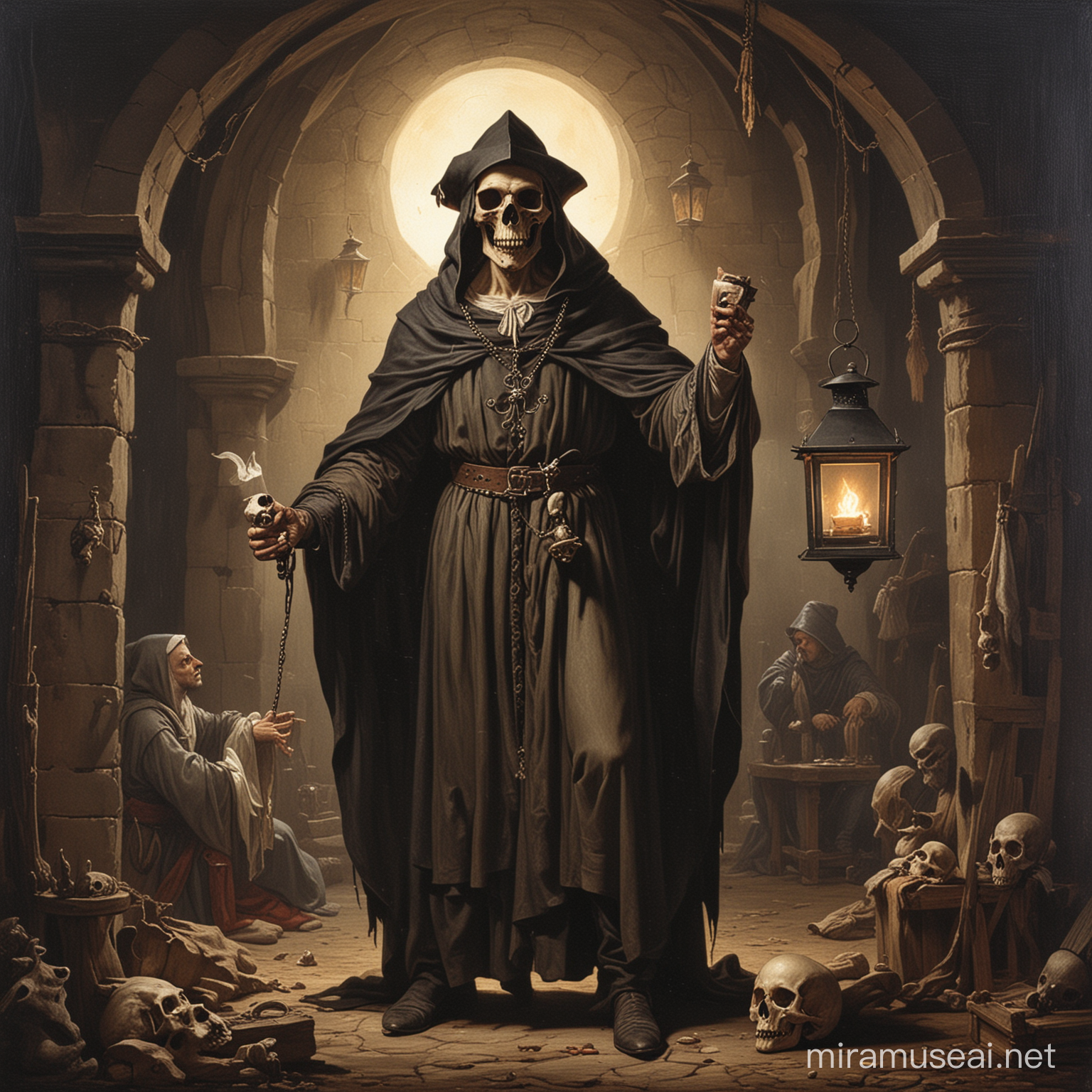 Medieval Faust Holding Skull by Lantern Light