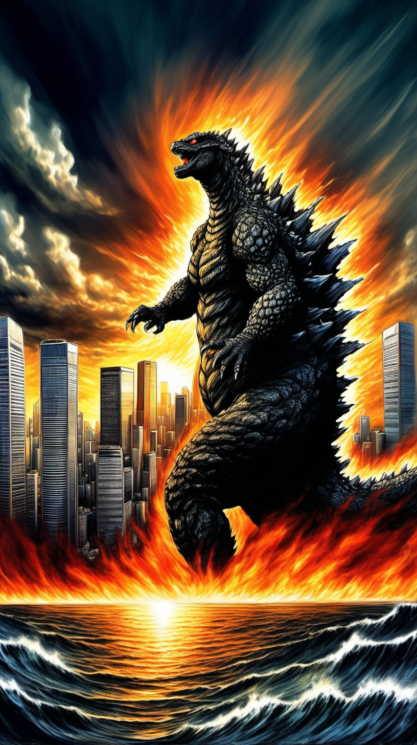 Imagine godzilla blowing fire, coming out of the sea, into the city of Tokyo,  tall skyscrapers,  dramatic sky and background 